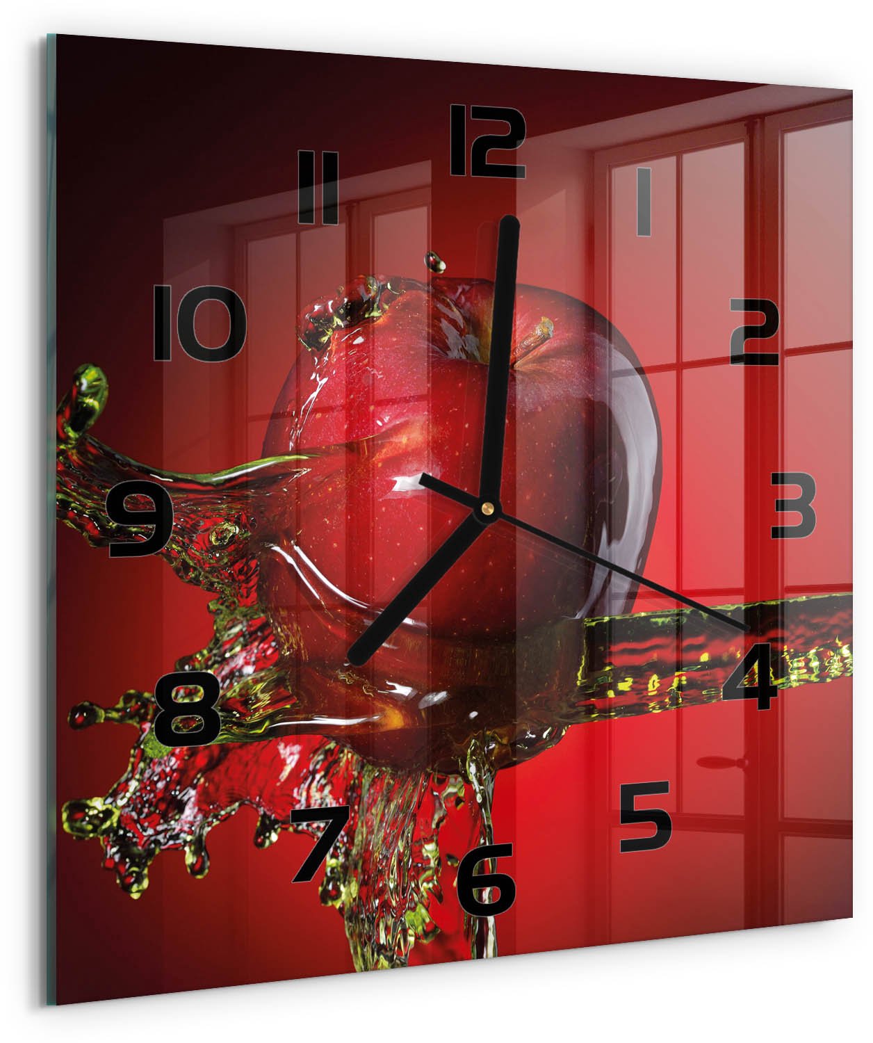 TULUP Wandklok - Appel en water Glazen Klok Met Print - 30x30 cm - Rood Wandklok Glas Met Motief - Zwarte handen - Vierkante Klok - Wandklok Glas Decoratie - Gekleurde Glazen Klok
