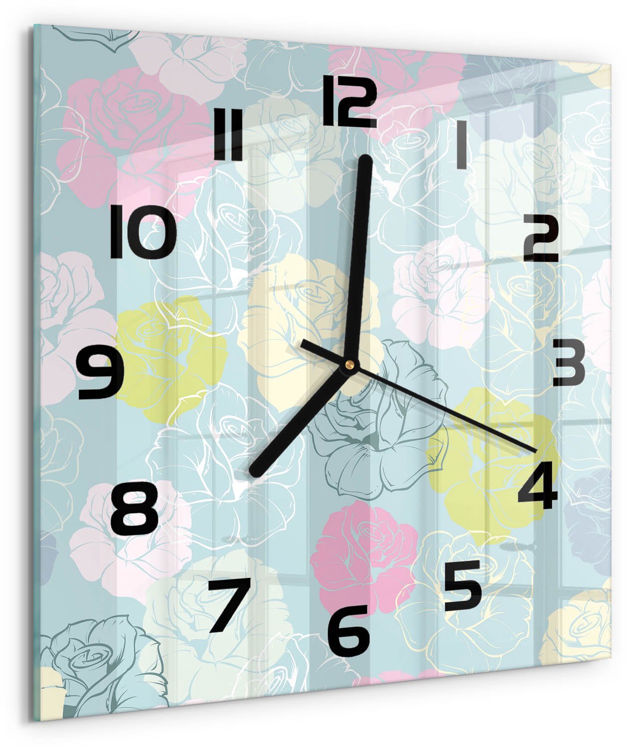 TULUP Wandklok - Rozen Glazen Wandklok Design - 30x30 cm - Veelkleurig Klok Glas Met Opdruk - Zwarte handen - Vierkante Klok - Wandklok Glas Met Motief - Decoratieve Glazen Klok