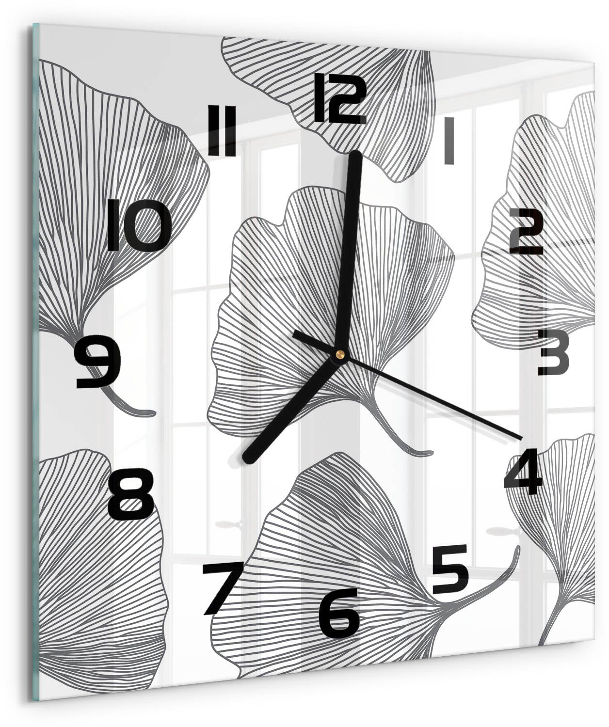 TULUP Wandklok - Ginkgo Glazen Wandklok Design - 30x30 cm - Zwart-wit Klok Glas Met Opdruk - Zwarte handen - Vierkante Klok - Wandklok Glas Met Motief - Decoratieve Glazen Klok