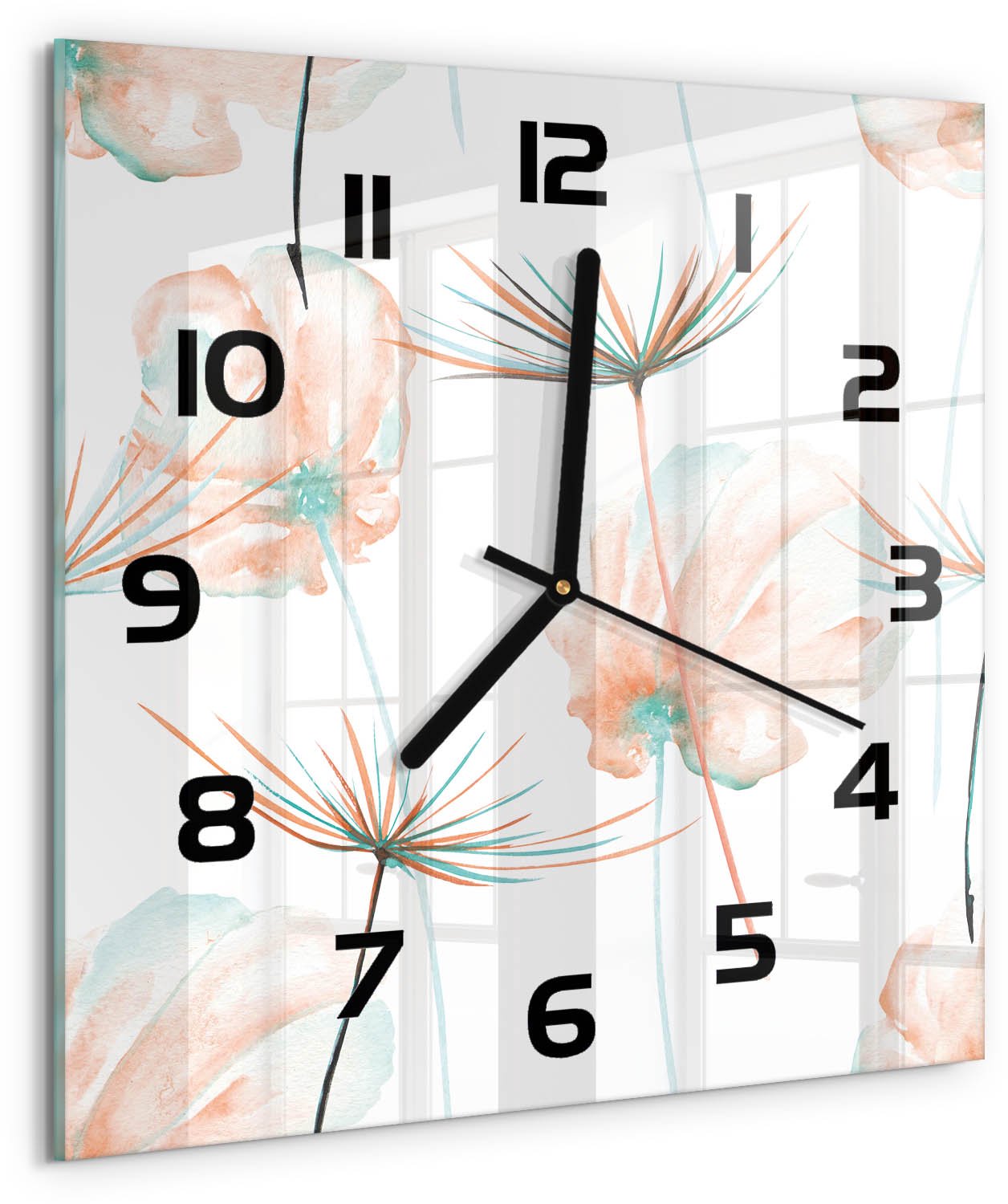 TULUP Wandklok - Paardebloem Moderne Wandklok Glas - 30x30 cm - Oranje Wandklok Glas Decoratie - Zwarte handen - Vierkante Klok - Glazen Wandklok Design - Klok Glas Met Opdruk
