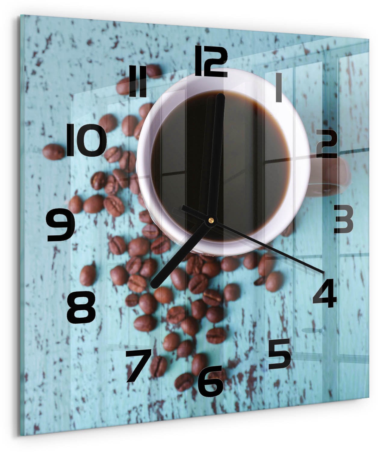 Tulup Wandklok - Zwarte koffie Wandklok Glas Met Motief - 30x30 cm - Bruin Decoratieve Glazen Klok - Zwarte handen - Vierkante Klok - Gekleurde Glazen Klok - Glazen Klok Met Print