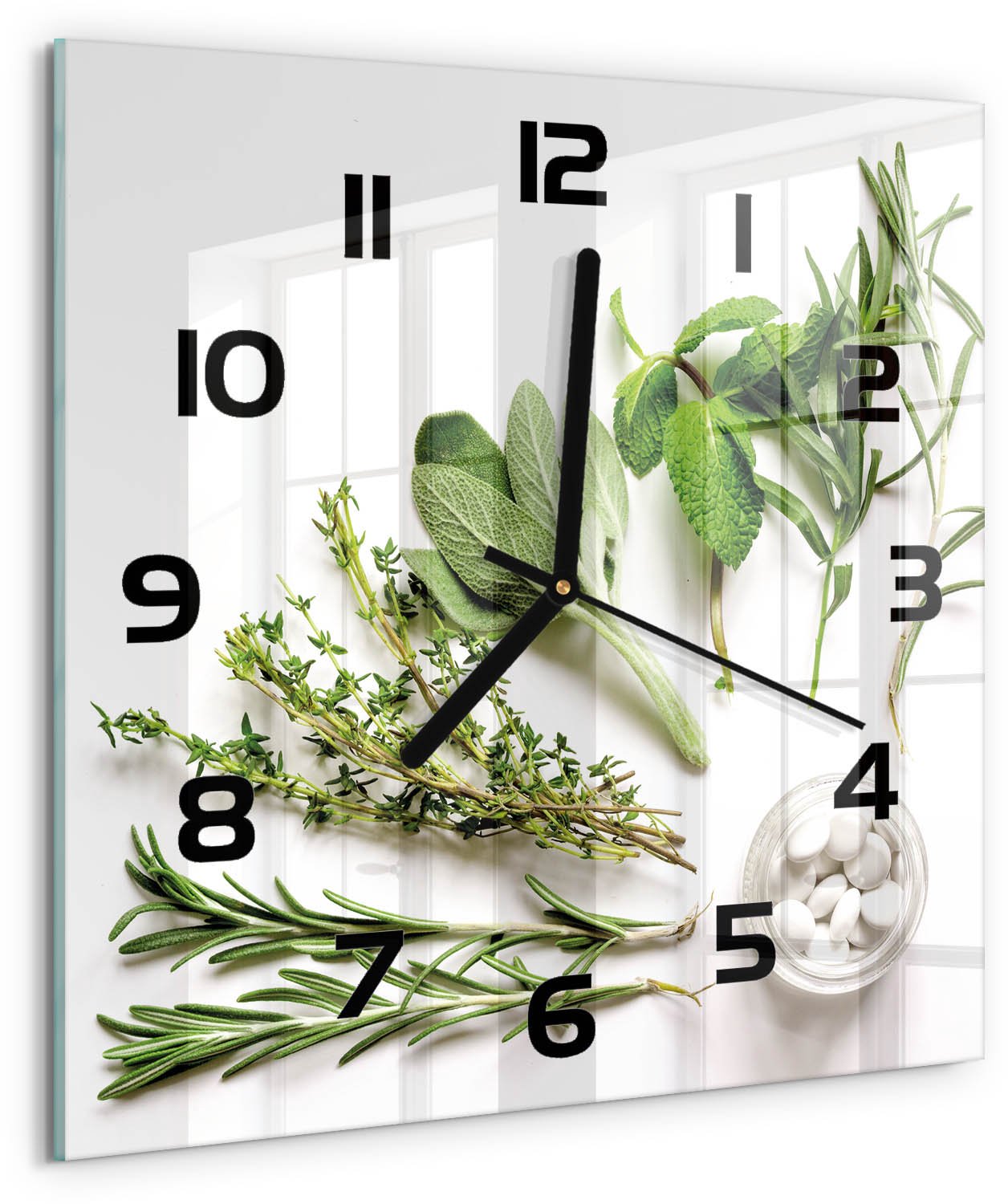 TULUP Wandklok - Kruiden Glazen Wandklok Design - 30x30 cm - Groente Klok Glas Met Opdruk - Zwarte handen - Vierkante Klok - Wandklok Glas Met Motief - Decoratieve Glazen Klok