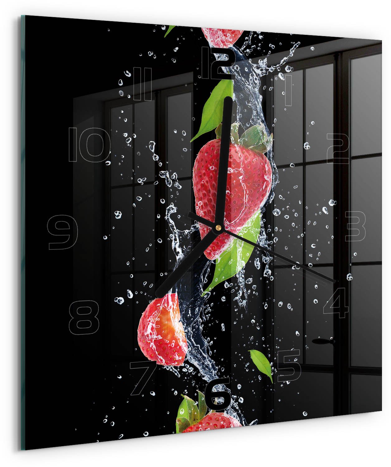 TULUP Wandklok - Aardbeien en water Klok Glas Met Opdruk - 30x30 cm - Rood Moderne Wandklok Glas - Zwarte handen - Vierkante Klok - Decoratieve Glazen Klok - Glazen Wandklok Design