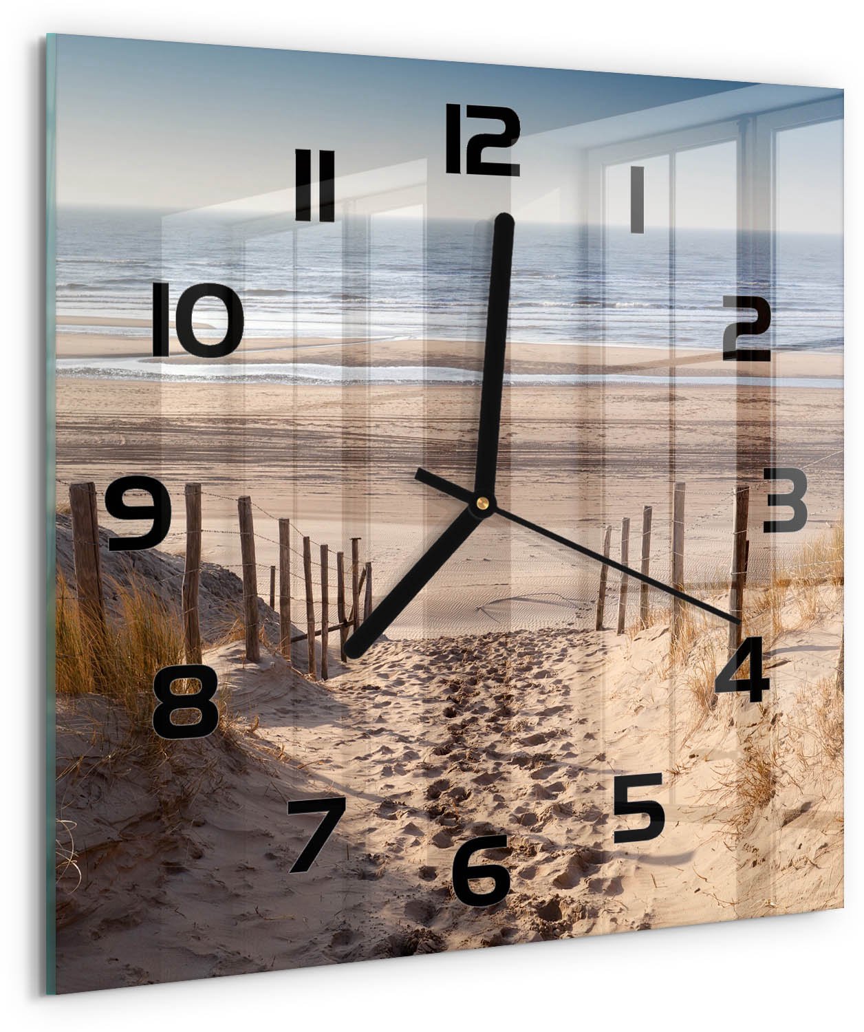 Tulup Wandklok - Kustduinen Wandklok Glas Decoratie - 30x30 cm - Beige Gekleurde Glazen Klok - Zwarte handen - Vierkante Klok - Klok Glas Met Opdruk - Moderne Wandklok Glas