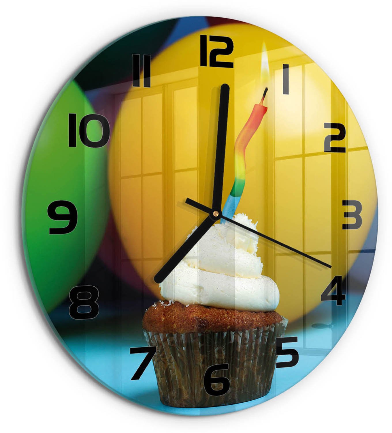 TULUP Wandklok - Verjaardagscupcake Klok Glas Met Opdruk - fi30 cm - Veelkleurig Moderne Wandklok Glas - Zwarte handen - Ronde Klok - Decoratieve Glazen Klok - Glazen Wandklok Design