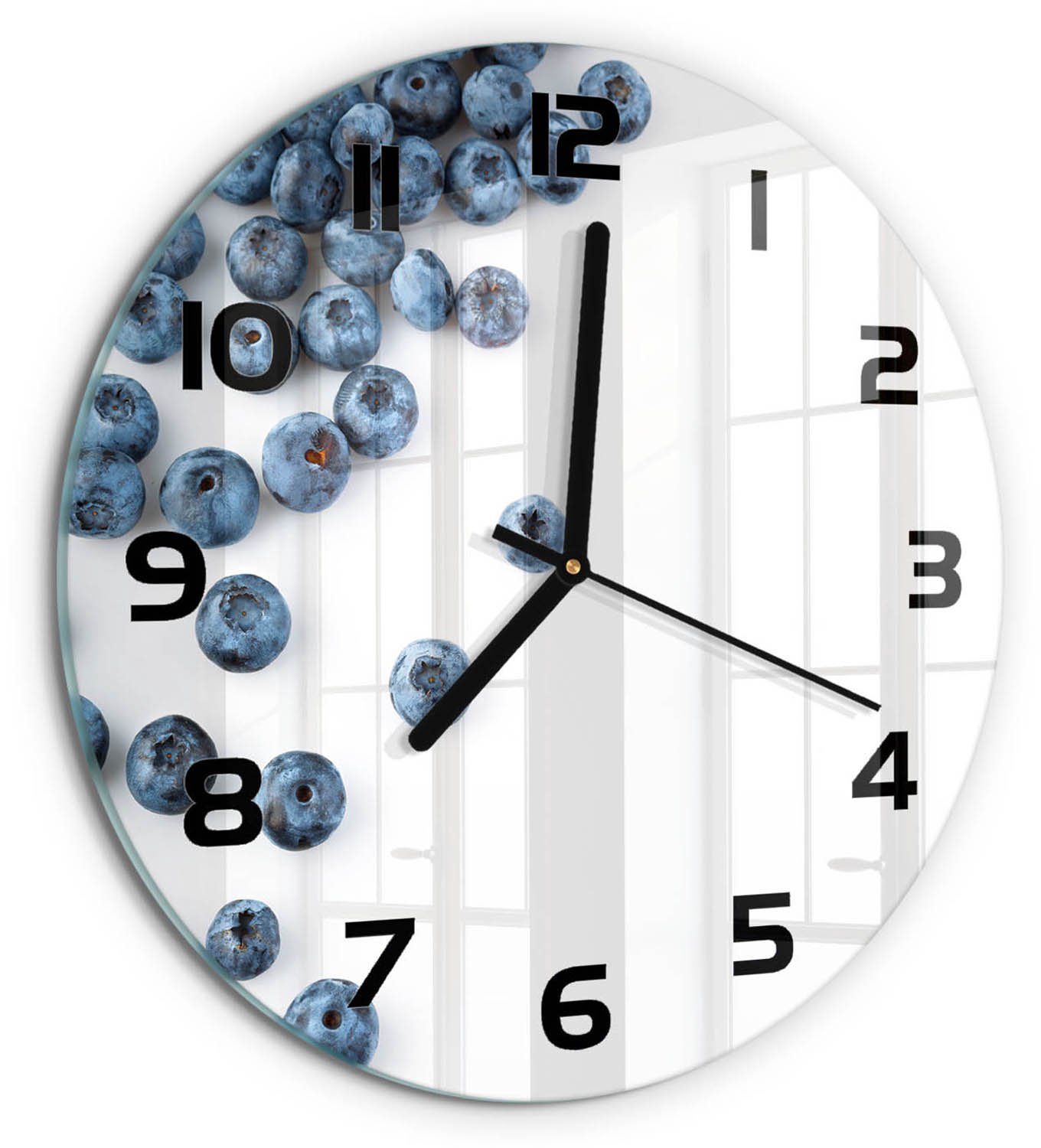 TULUP Wandklok - Bosbessen Klok Glas Met Opdruk - fi30 cm - Blauw Moderne Wandklok Glas - Zwarte handen - Ronde Klok - Decoratieve Glazen Klok - Glazen Wandklok Design