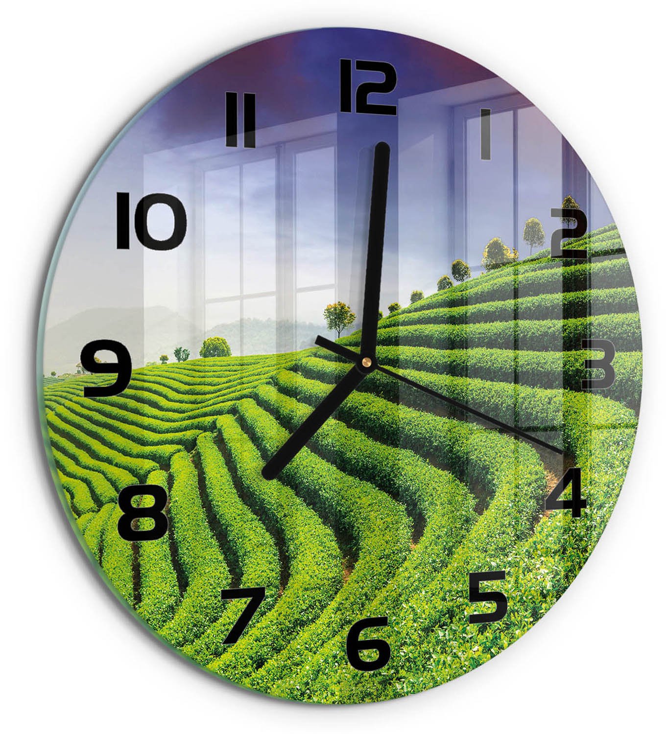 TULUP Wandklok - Theeplantage Gekleurde Glazen Klok - fi30 cm - Groente Glazen Klok Met Print - Zwarte handen - Ronde Klok - Moderne Wandklok Glas - Wandklok Glas Decoratie