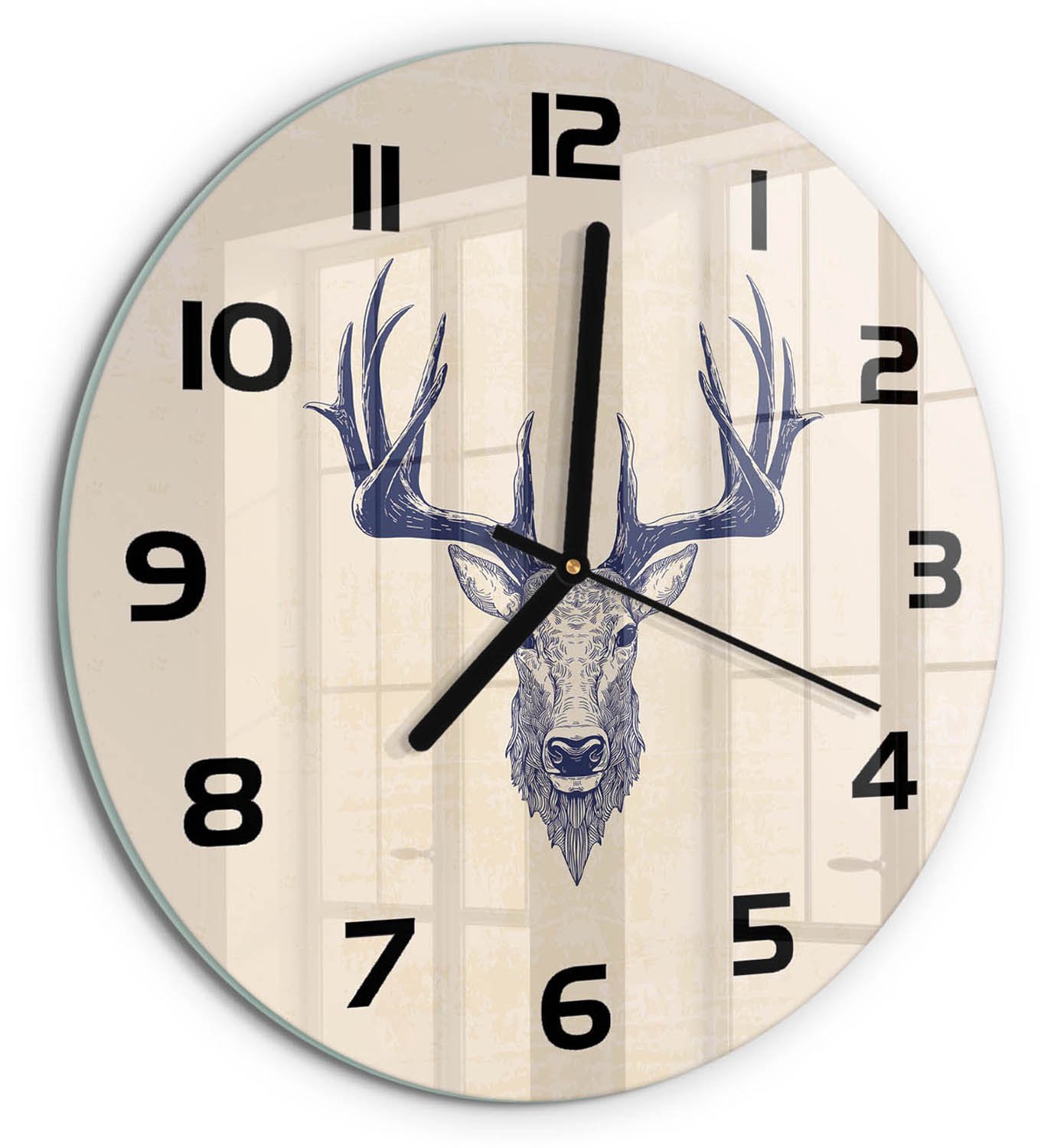 TULUP Wandklok - Hert Hert Glazen Wandklok Design - fi30 cm - Beige Klok Glas Met Opdruk - Zwarte handen - Ronde Klok - Wandklok Glas Met Motief - Decoratieve Glazen Klok