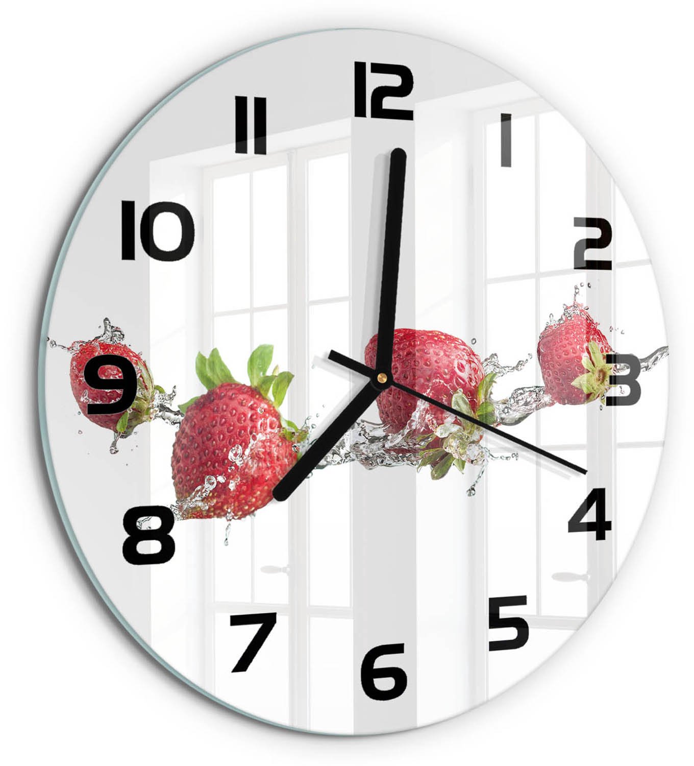 TULUP Wandklok - Aardbeien en water Gekleurde Glazen Klok - fi30 cm - Rood Glazen Klok Met Print - Zwarte handen - Ronde Klok - Moderne Wandklok Glas - Wandklok Glas Decoratie