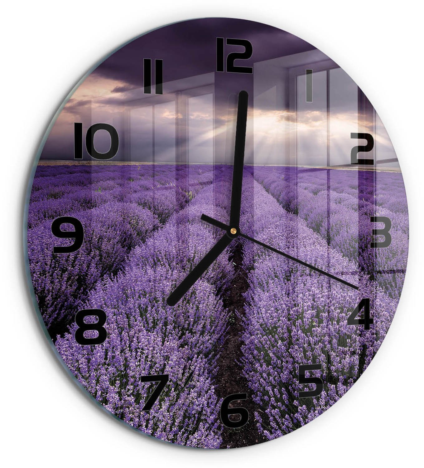 TULUP Wandklok - Lavendelveld Wandklok Glas Met Motief - fi30 cm - Paars Decoratieve Glazen Klok - Zwarte handen - Ronde Klok - Gekleurde Glazen Klok - Glazen Klok Met Print