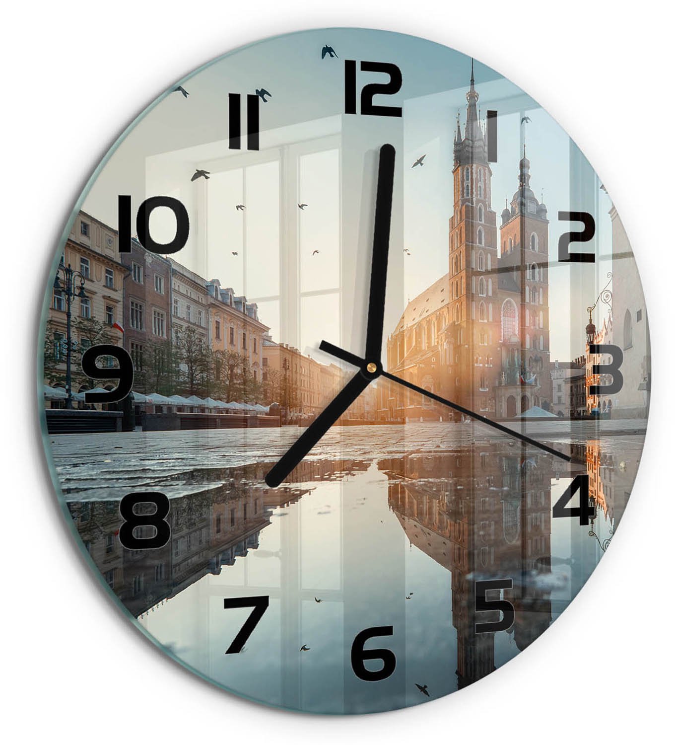 TULUP Wandklok - Krakau, Polen Moderne Wandklok Glas - fi30 cm - Blauw Wandklok Glas Decoratie - Zwarte handen - Ronde Klok - Glazen Wandklok Design - Klok Glas Met Opdruk