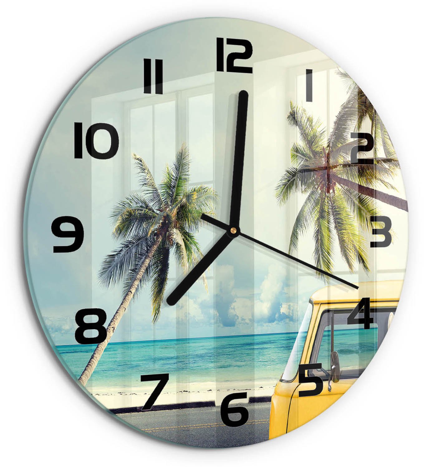 TULUP Wandklok - Van Beach Moderne Wandklok Glas - fi30 cm - Geel Wandklok Glas Decoratie - Zwarte handen - Ronde Klok - Glazen Wandklok Design - Klok Glas Met Opdruk