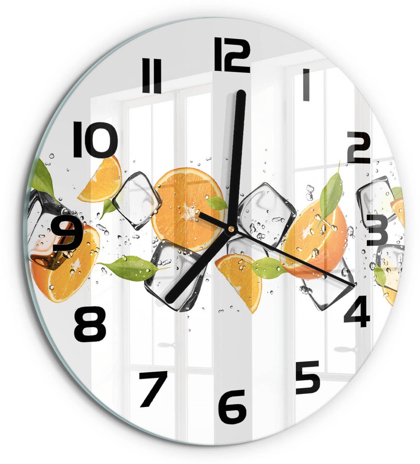 TULUP Wandklok - Sinaasappels met ijs Klok Glas Met Opdruk - fi30 cm - Oranje Moderne Wandklok Glas - Zwarte handen - Ronde Klok - Decoratieve Glazen Klok - Glazen Wandklok Design