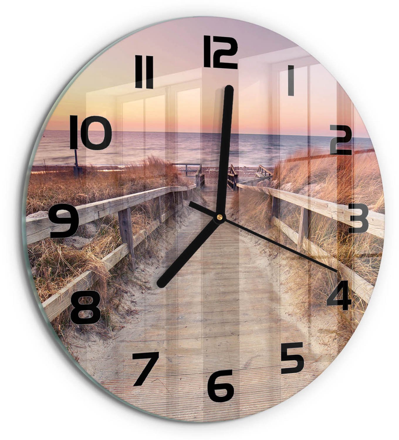 TULUP Wandklok - De weg naar het strand Gekleurde Glazen Klok - fi30 cm - Oranje Glazen Klok Met Print - Zwarte handen - Ronde Klok - Moderne Wandklok Glas - Wandklok Glas Decoratie
