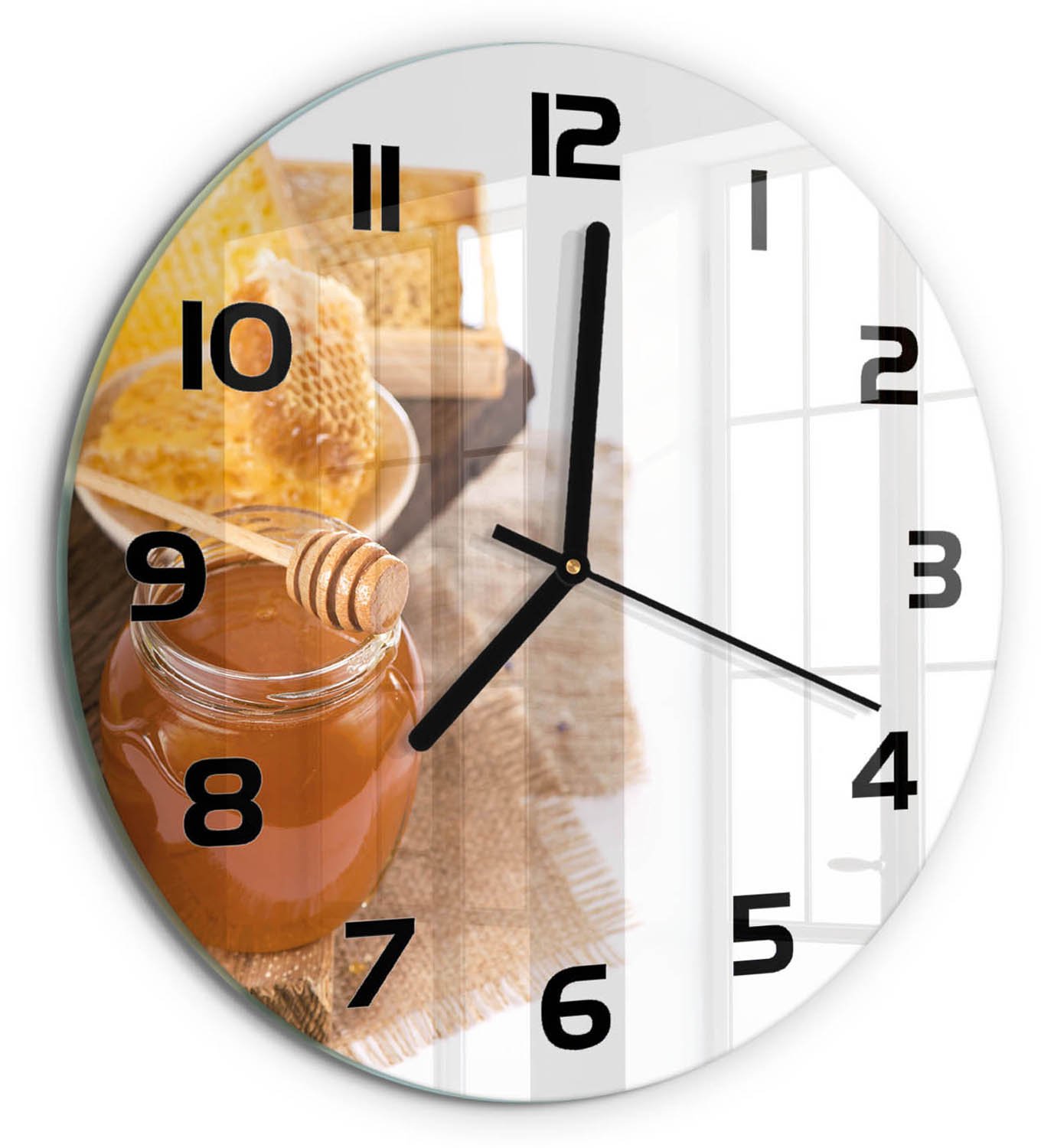 TULUP Wandklok - Honing Gekleurde Glazen Klok - fi30 cm - Geel Glazen Klok Met Print - Zwarte handen - Ronde Klok - Moderne Wandklok Glas - Wandklok Glas Decoratie