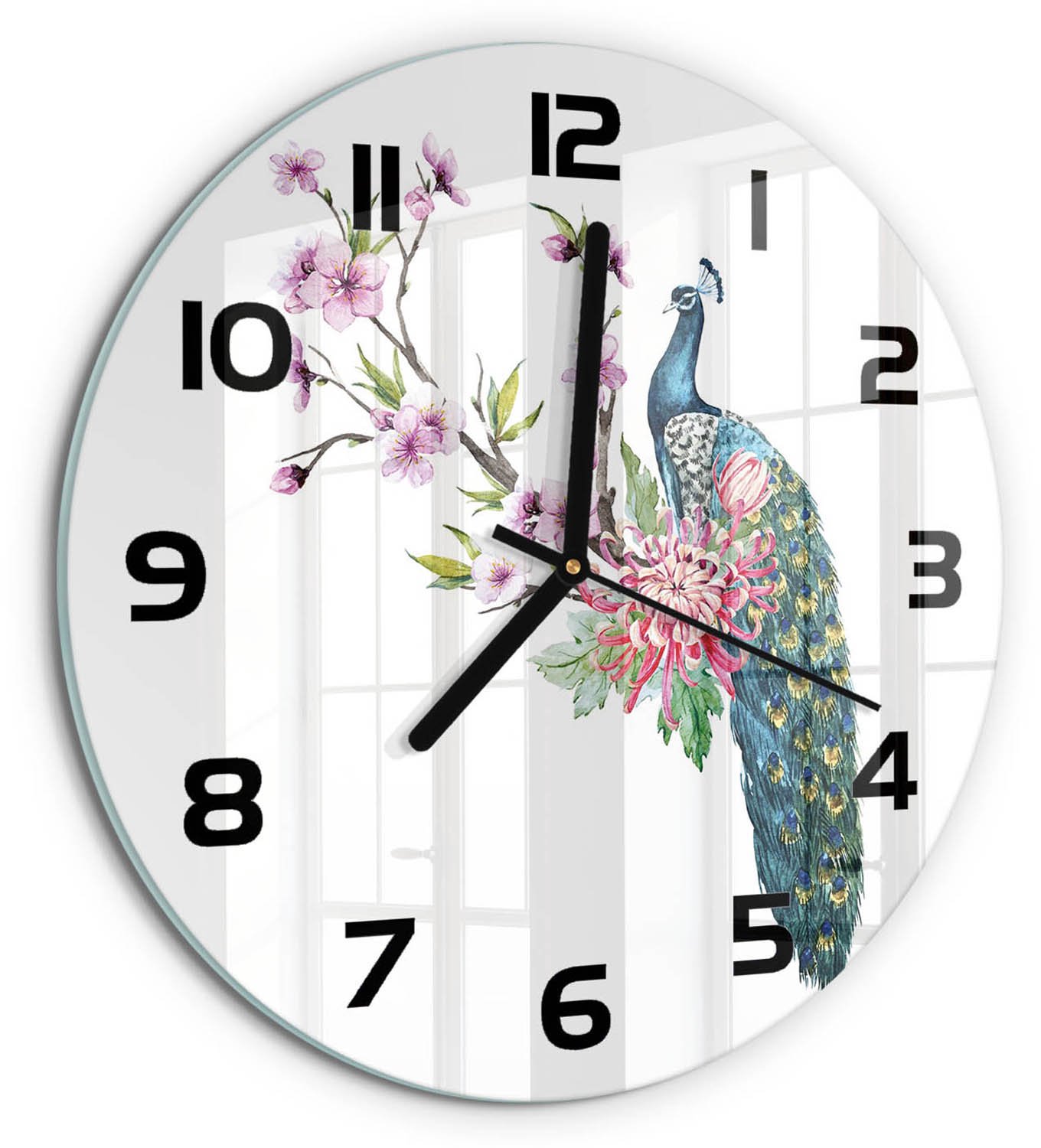 TULUP Wandklok - Pauw en bloemen Gekleurde Glazen Klok - fi30 cm - Veelkleurig Glazen Klok Met Print - Zwarte handen - Ronde Klok - Moderne Wandklok Glas - Wandklok Glas Decoratie