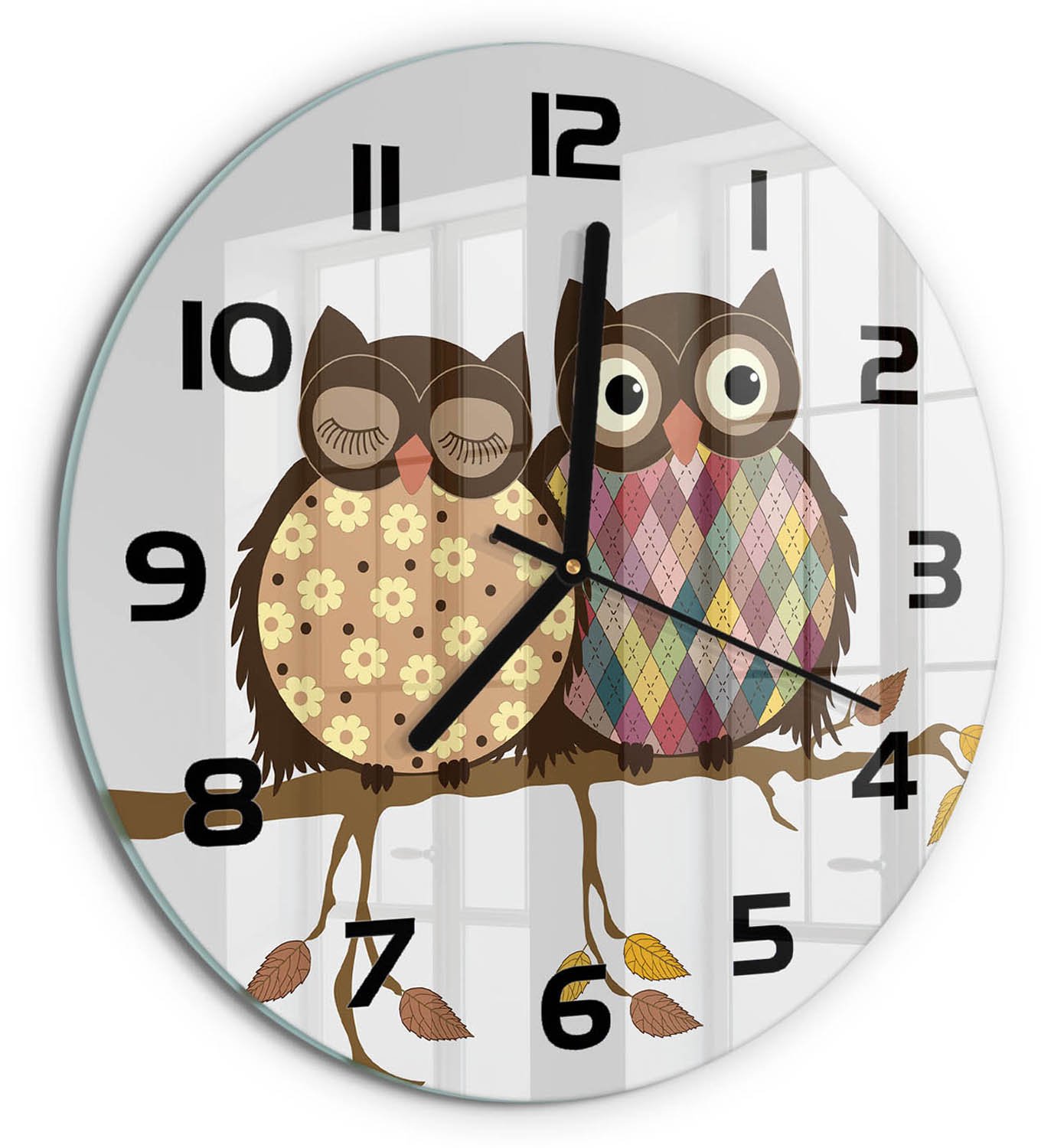 TULUP Wandklok - Twee uilen op een tak Klok Glas Met Opdruk - fi30 cm - Bruin Moderne Wandklok Glas - Zwarte handen - Ronde Klok - Decoratieve Glazen Klok - Glazen Wandklok Design