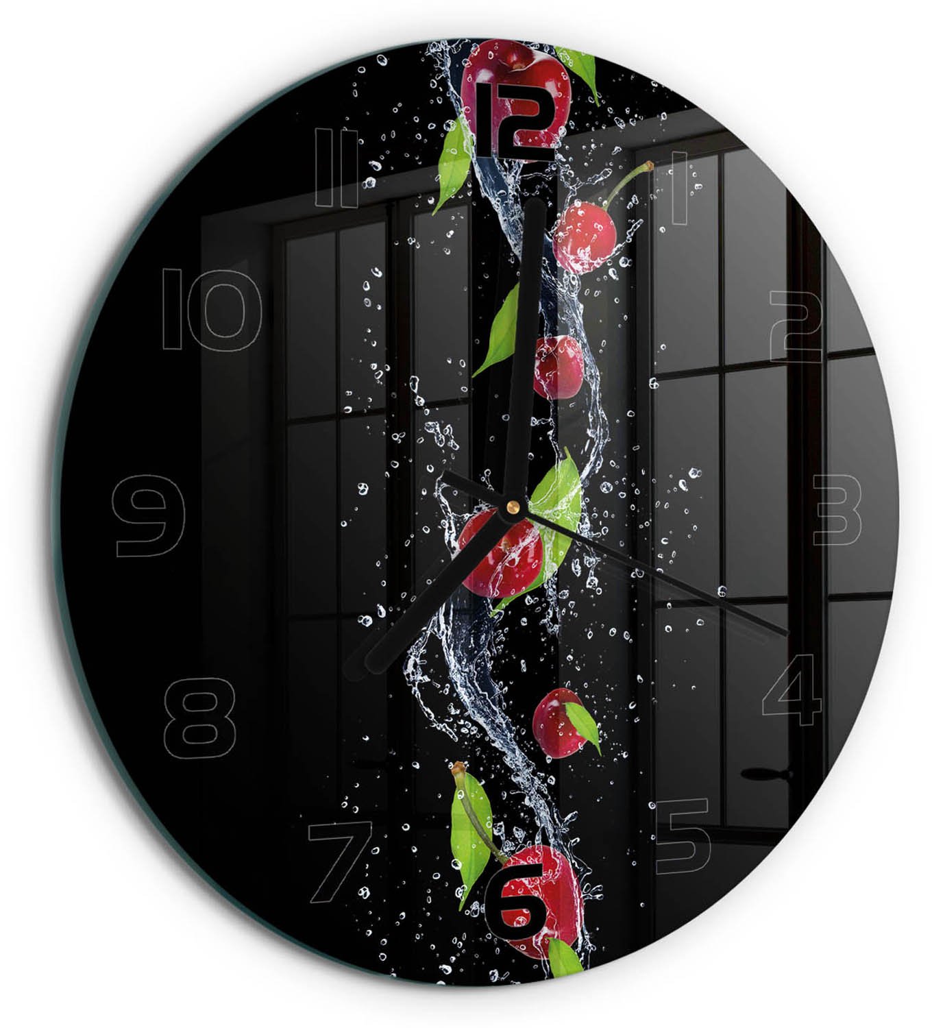 TULUP Wandklok - Kersen Wandklok Glas Met Motief - fi30 cm - Rood Decoratieve Glazen Klok - Zwarte handen - Ronde Klok - Gekleurde Glazen Klok - Glazen Klok Met Print