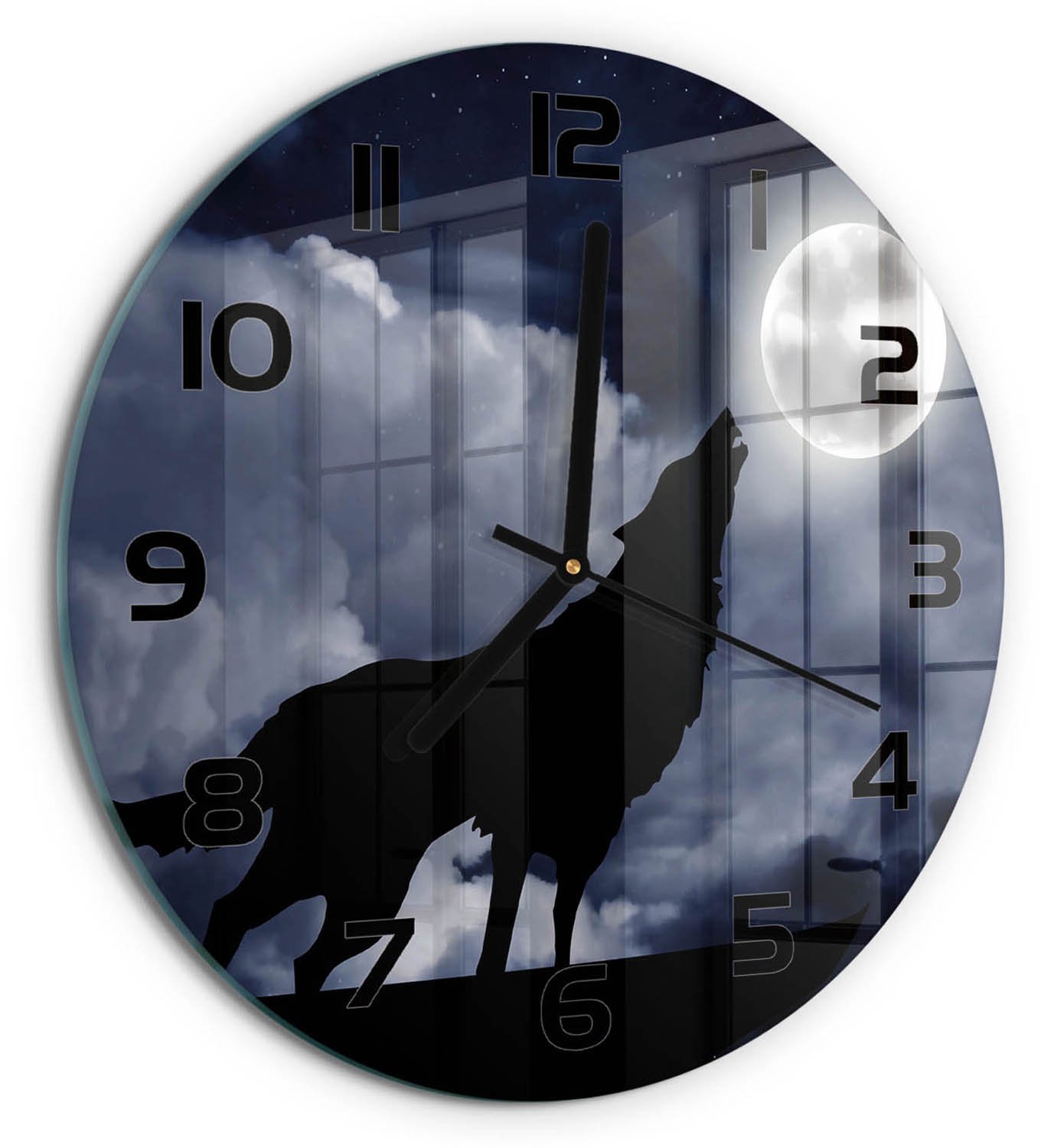 TULUP Wandklok - Huilende Wolf Volle Maan Glazen Klok Met Print - fi30 cm - Zwart Wandklok Glas Met Motief - Zwarte handen - Ronde Klok - Wandklok Glas Decoratie - Gekleurde Glazen Klok