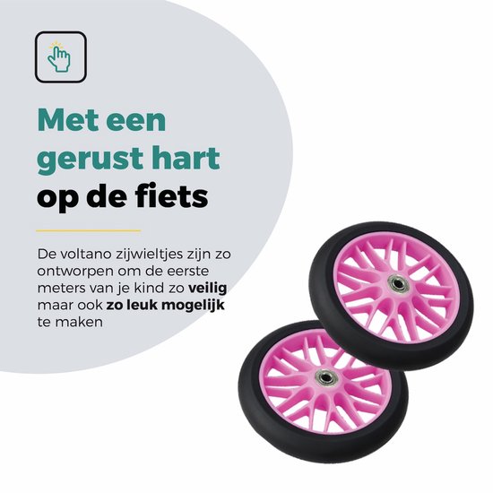 Twee roze zijwieltjes met zwarte banden voor kinderfietsen.