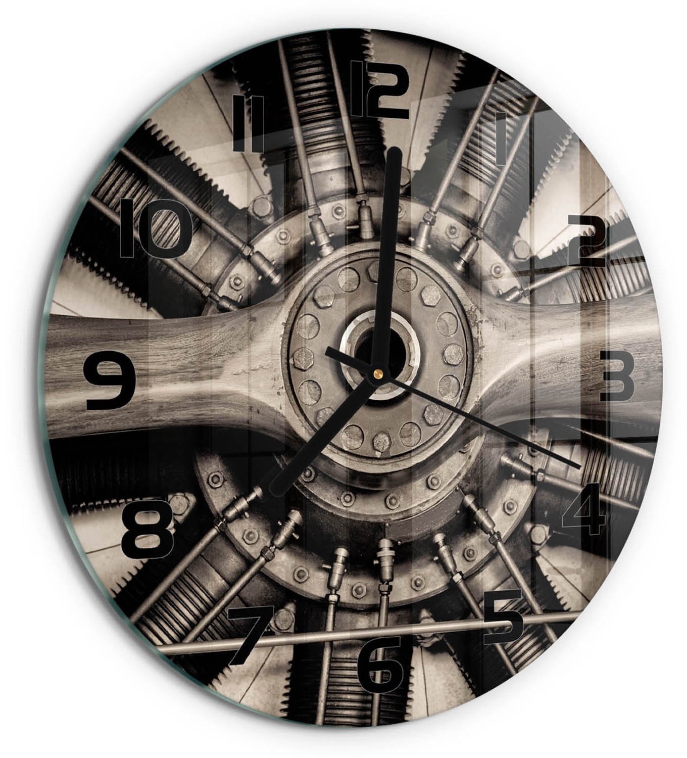 TULUP Wandklok - Vliegtuigmotor Klok Glas Met Opdruk - fi30 cm - Zilver Moderne Wandklok Glas - Zwarte handen - Ronde Klok - Decoratieve Glazen Klok - Glazen Wandklok Design