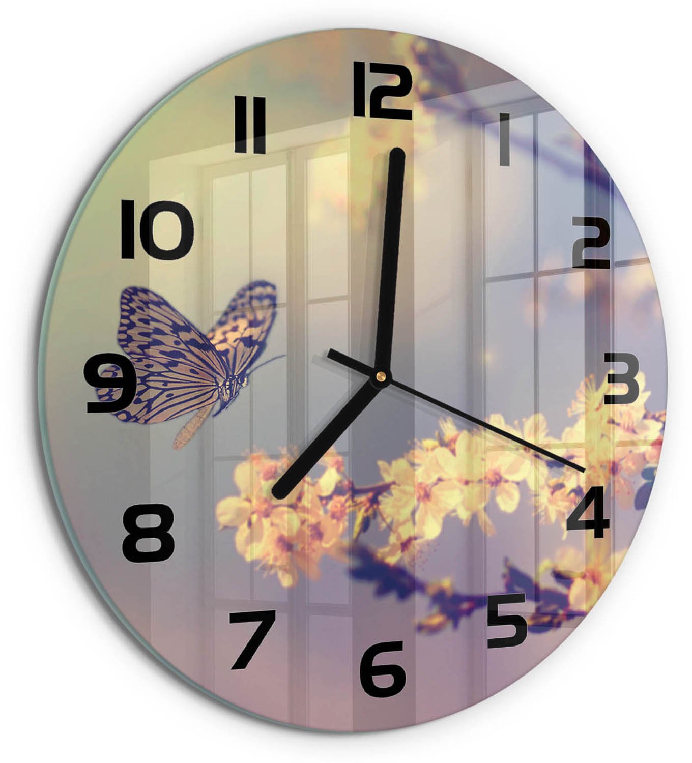 TULUP Wandklok - Kersenbloesem en vlinder Glazen Klok Met Print - fi30 cm - Veelkleurig Wandklok Glas Met Motief - Zwarte handen - Ronde Klok - Wandklok Glas Decoratie - Gekleurde Glazen Klok