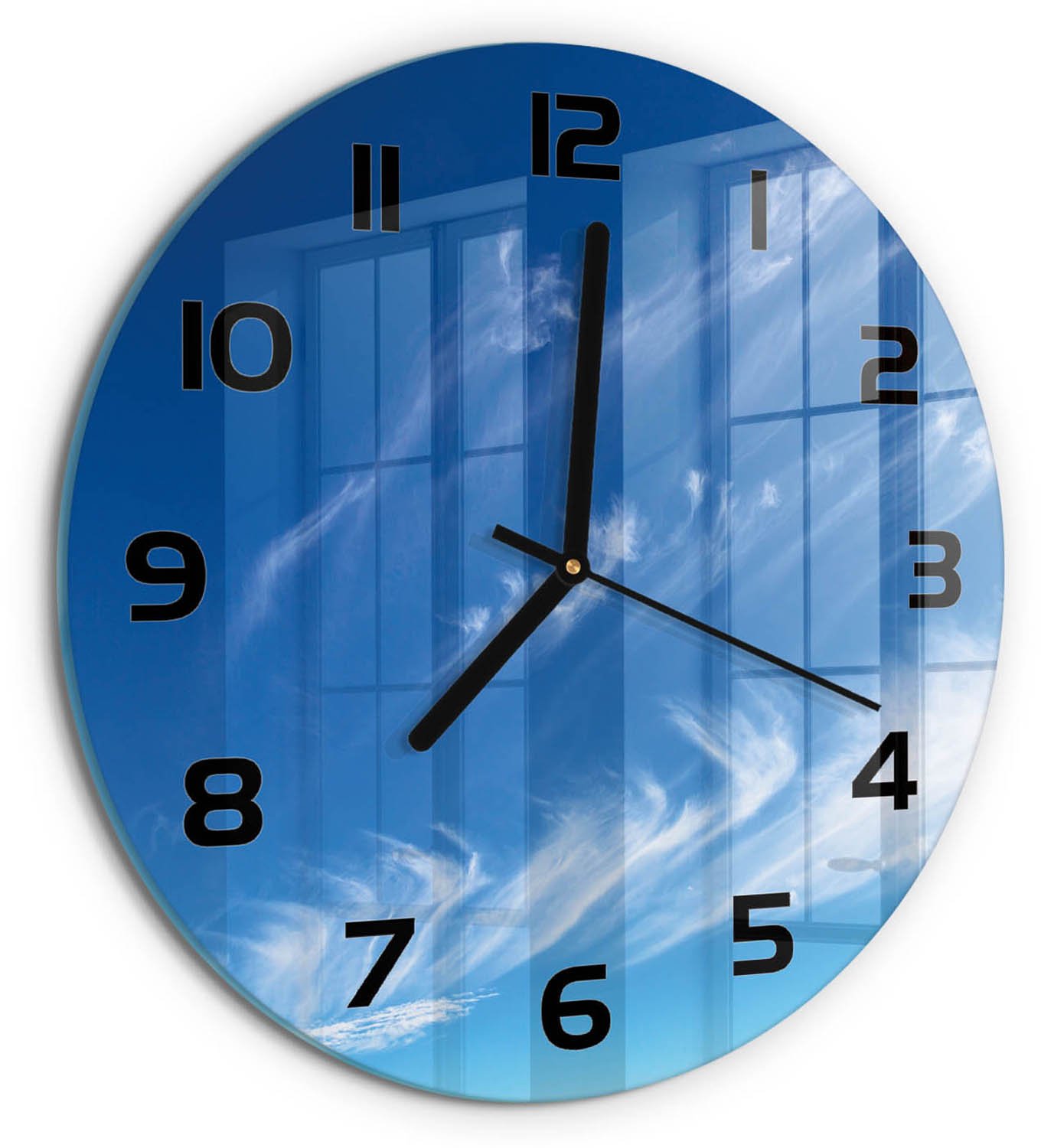 TULUP Wandklok - Blauwe lucht Gekleurde Glazen Klok - fi30 cm - Blauw Glazen Klok Met Print - Zwarte handen - Ronde Klok - Moderne Wandklok Glas - Wandklok Glas Decoratie