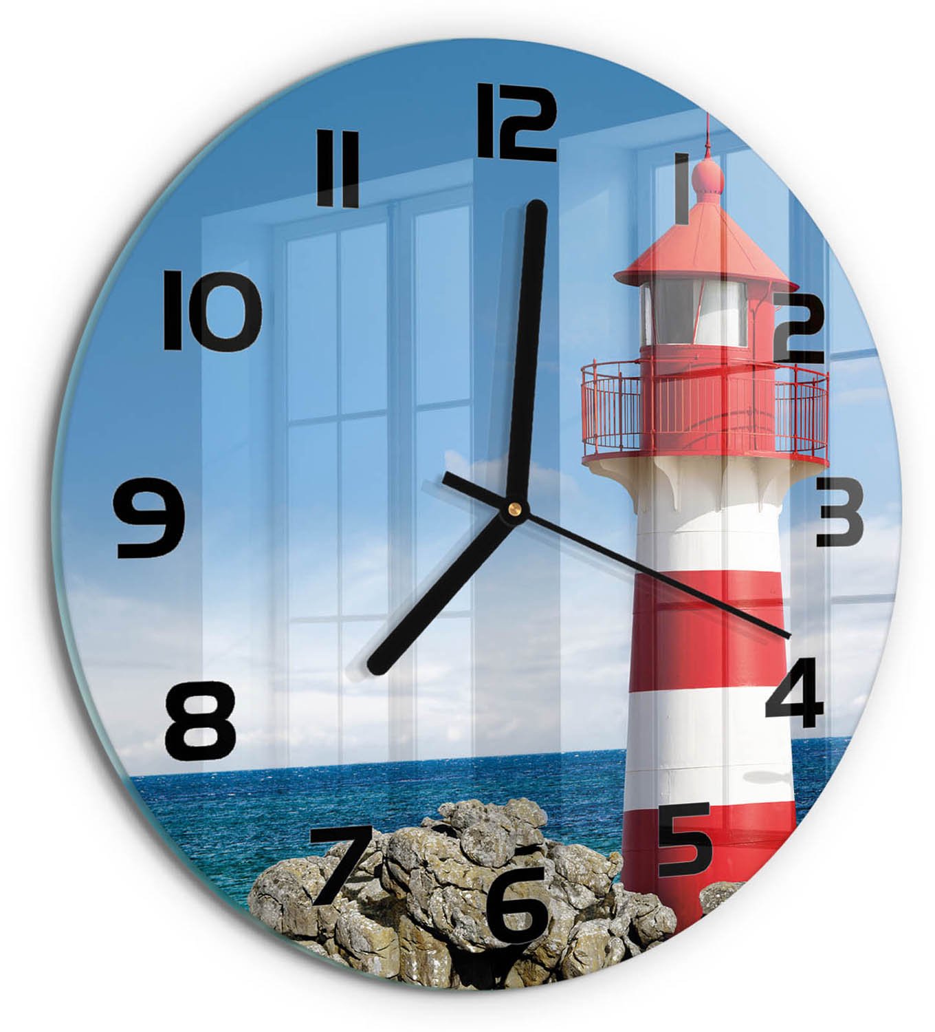 TULUP Wandklok - Vuurtoren Glazen Klok Met Print - fi30 cm - Rood Wandklok Glas Met Motief - Zwarte handen - Ronde Klok - Wandklok Glas Decoratie - Gekleurde Glazen Klok
