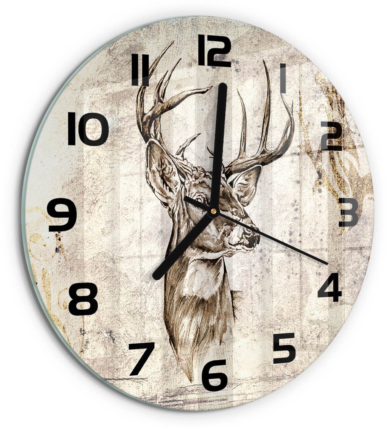 TULUP Wandklok - Hert Wandklok Glas Met Motief - fi30 cm - Beige Decoratieve Glazen Klok - Zwarte handen - Ronde Klok - Gekleurde Glazen Klok - Glazen Klok Met Print