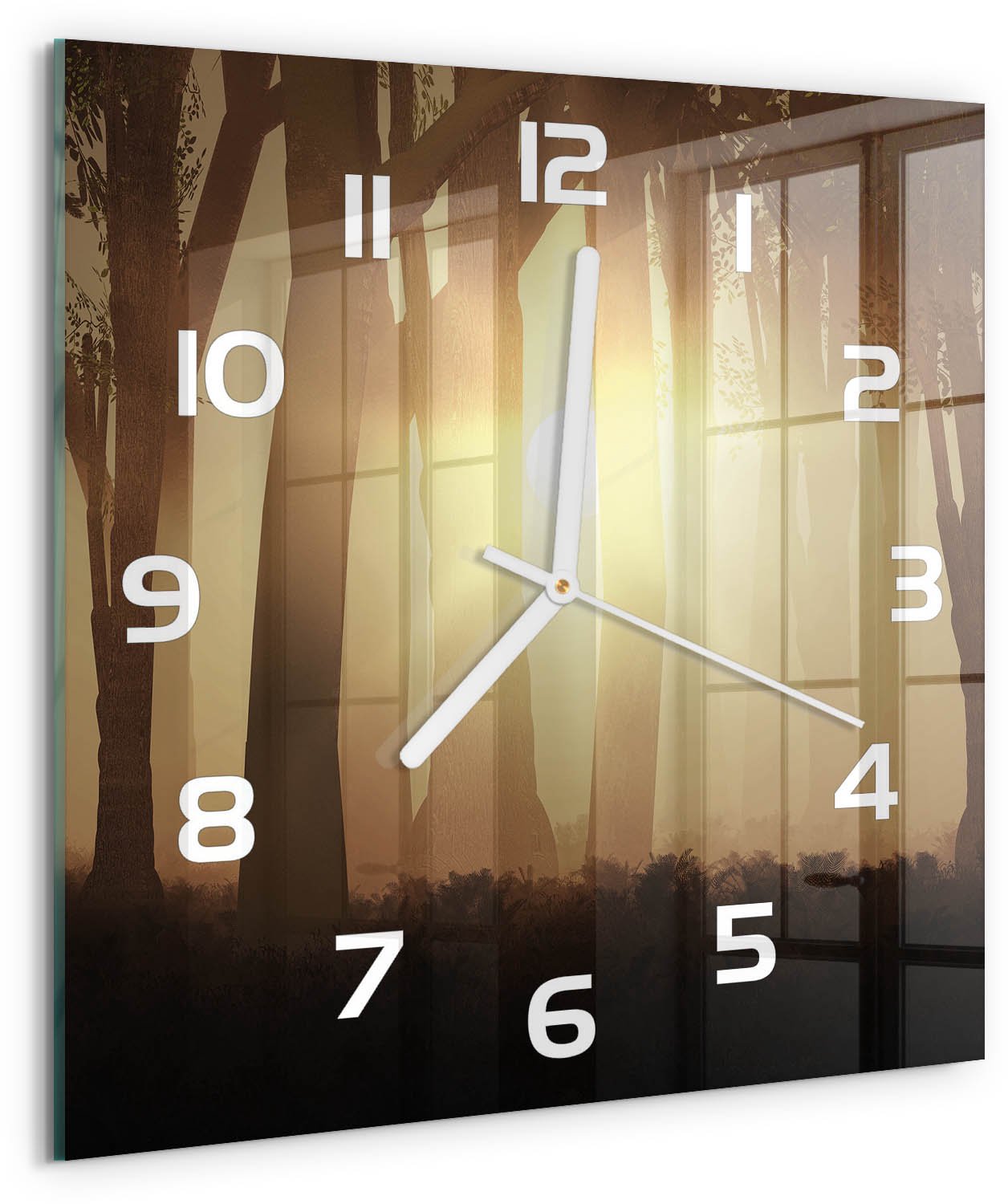 Tulup Wandklok - Mist in het bos Wandklok Glas Met Motief - 30x30 cm - Bruin Decoratieve Glazen Klok - Witte handen - Vierkante Klok - Gekleurde Glazen Klok - Glazen Klok Met Print