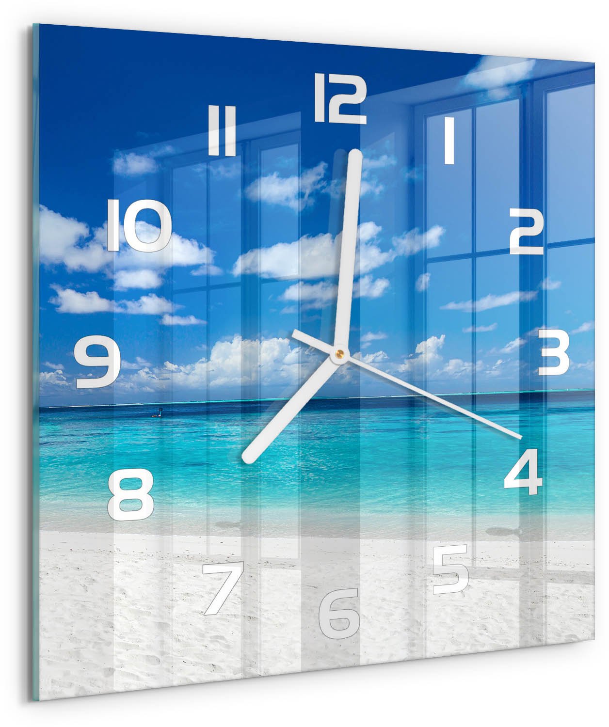 Tulup Wandklok - Tropisch strand Moderne Wandklok Glas - 30x30 cm - Blauw Wandklok Glas Decoratie - Witte handen - Vierkante Klok - Glazen Wandklok Design - Klok Glas Met Opdruk