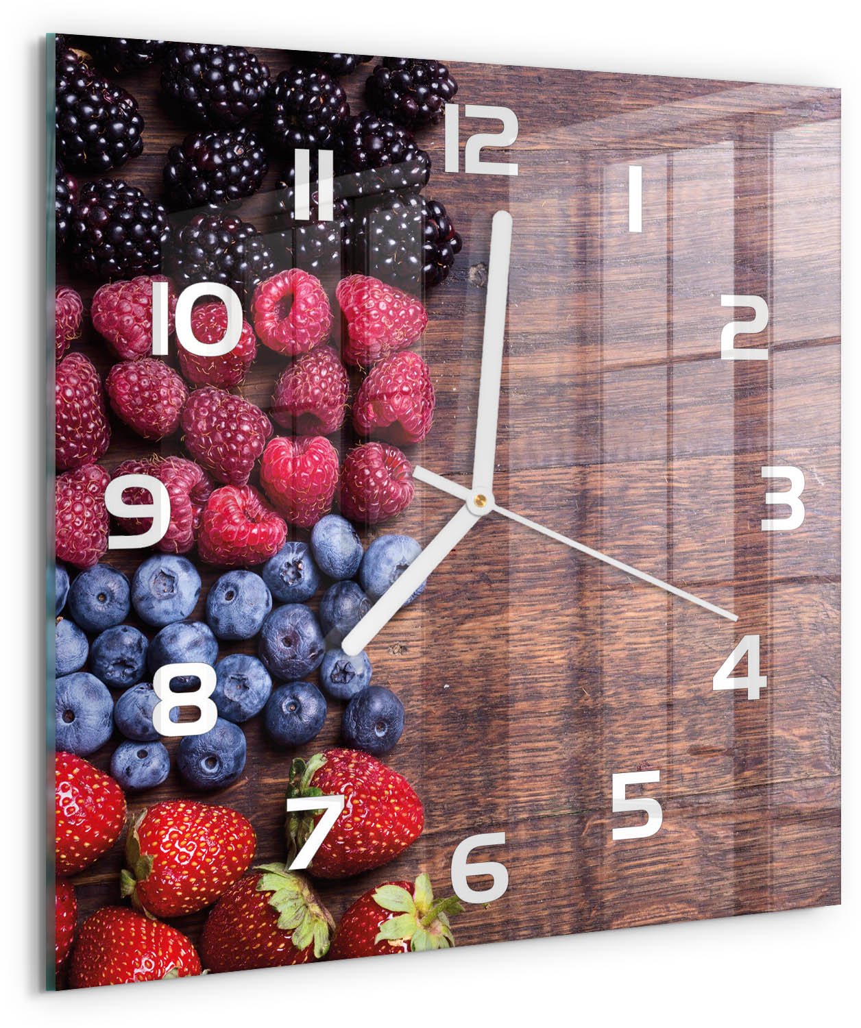 Tulup Wandklok - Bosvruchten Glazen Wandklok Design - 30x30 cm - Veelkleurig Klok Glas Met Opdruk - Witte handen - Vierkante Klok - Wandklok Glas Met Motief - Decoratieve Glazen Klok