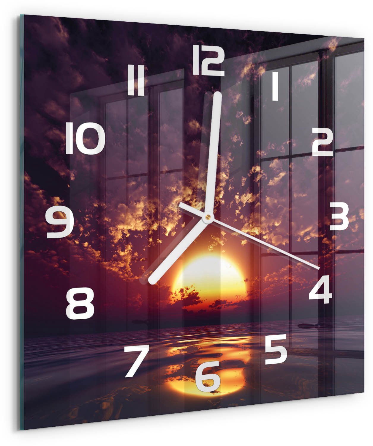 Tulup Wandklok - Zonsondergang Wandklok Glas Decoratie - 30x30 cm - Geel Gekleurde Glazen Klok - Witte handen - Vierkante Klok - Klok Glas Met Opdruk - Moderne Wandklok Glas
