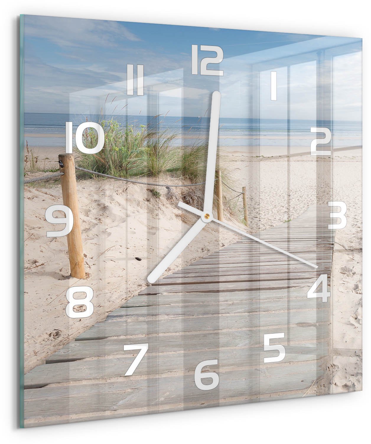 Tulup Wandklok - Strand Glazen Klok Met Print - 30x30 cm - Beige Wandklok Glas Met Motief - Witte handen - Vierkante Klok - Wandklok Glas Decoratie - Gekleurde Glazen Klok