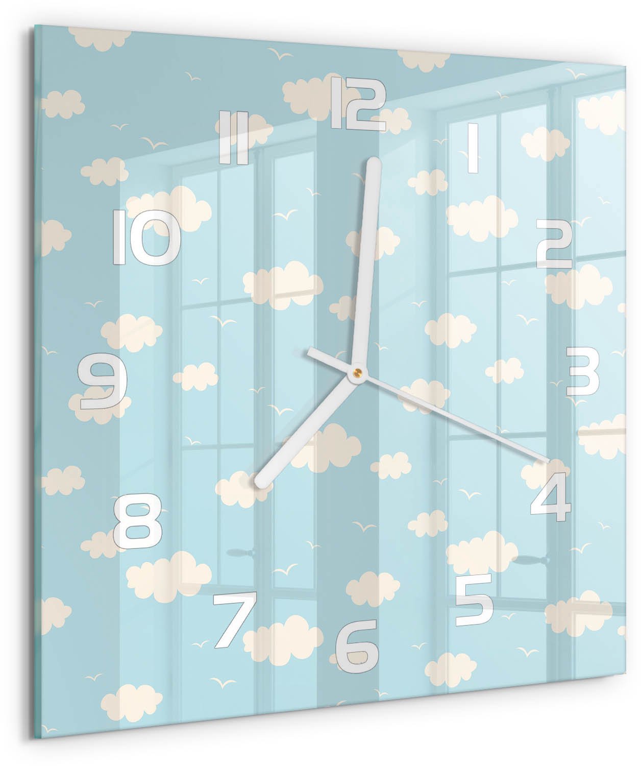 Tulup Wandklok - Wolk Glazen Wandklok Design - 30x30 cm - Blauw Klok Glas Met Opdruk - Witte handen - Vierkante Klok - Wandklok Glas Met Motief - Decoratieve Glazen Klok