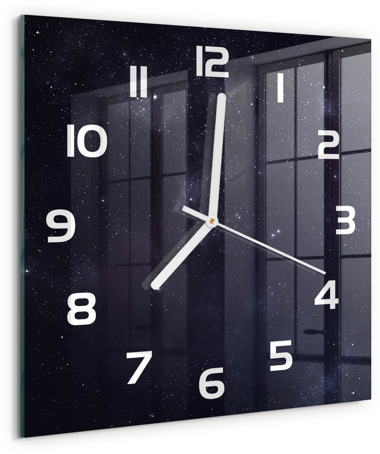 TULUP Wandklok - Sterrenbeeld Decoratieve Glazen Klok - 30x30 cm - Zwart Glazen Wandklok Design - Witte handen - Vierkante Klok - Glazen Klok Met Print - Wandklok Glas Met Motief