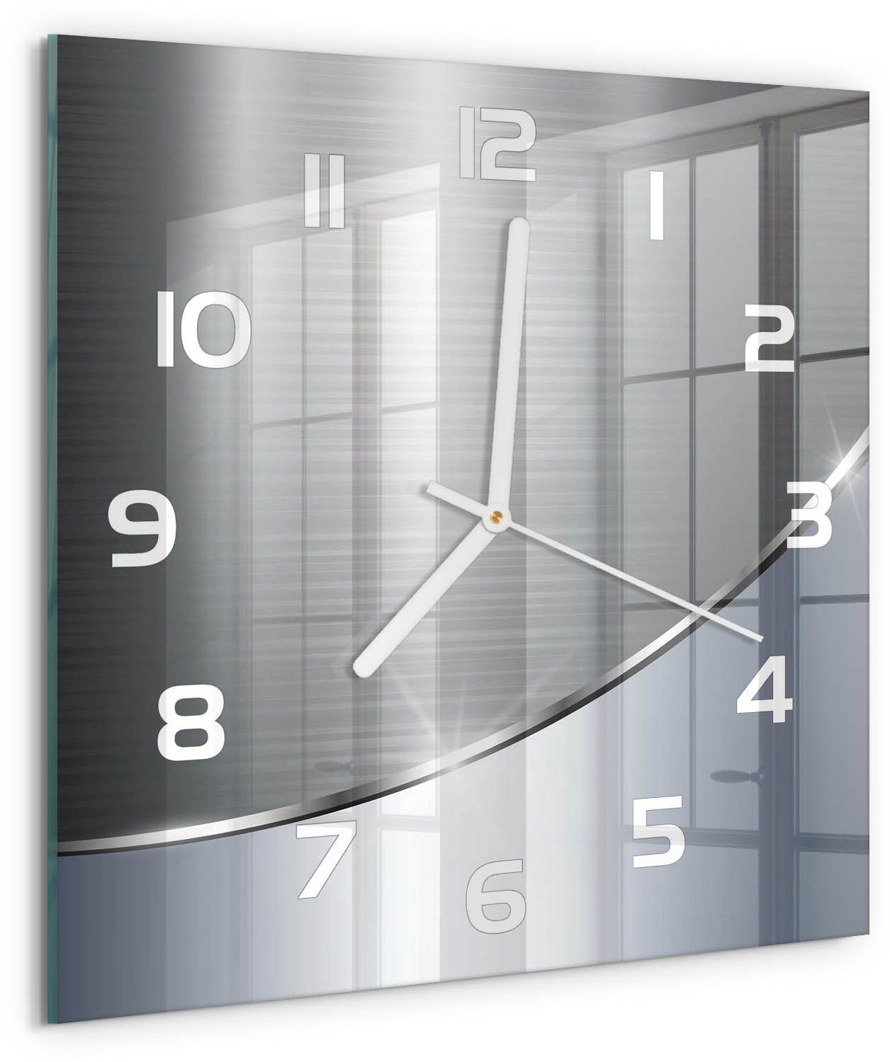 TULUP Wandklok - Metaalabstractie Wandklok Glas Decoratie - 30x30 cm - Zilver Gekleurde Glazen Klok - Witte handen - Vierkante Klok - Klok Glas Met Opdruk - Moderne Wandklok Glas