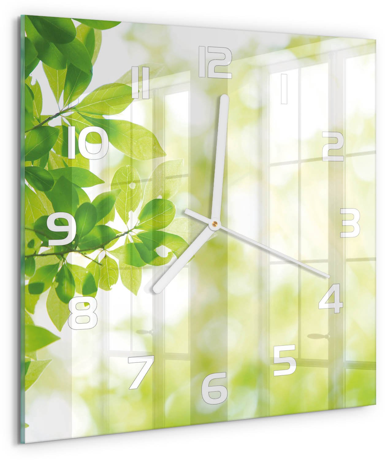 Tulup Wandklok - Bladeren Klok Glas Met Opdruk - 30x30 cm - Groente Moderne Wandklok Glas - Witte handen - Vierkante Klok - Decoratieve Glazen Klok - Glazen Wandklok Design