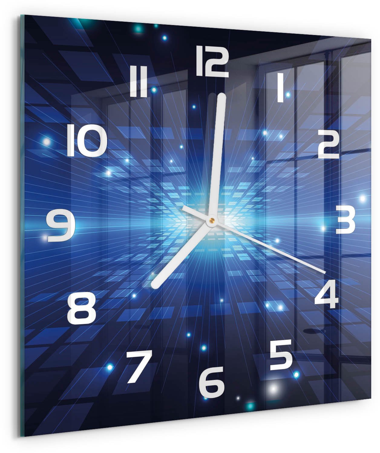 Tulup Wandklok - 3D-achtergrond Klok Glas Met Opdruk - 30x30 cm - Blauw Moderne Wandklok Glas - Witte handen - Vierkante Klok - Decoratieve Glazen Klok - Glazen Wandklok Design