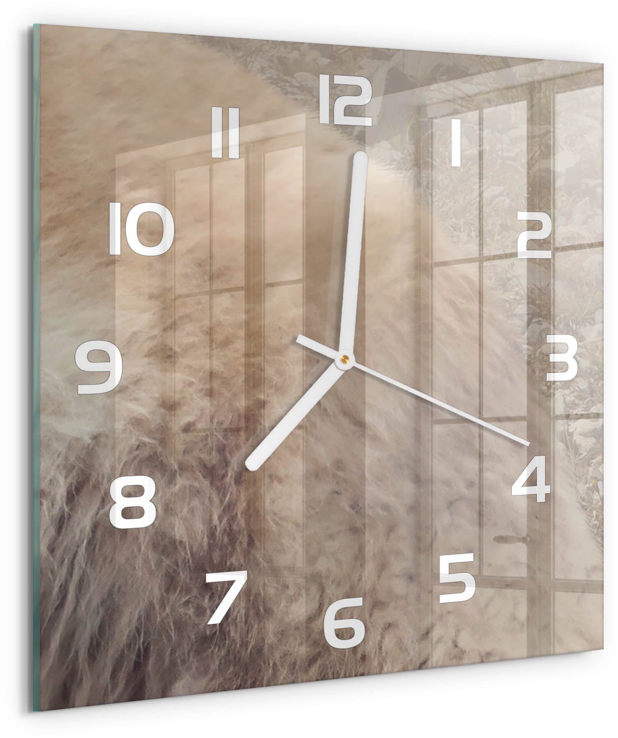 Tulup Wandklok - Witte wolf op de rots Klok Glas Met Opdruk - 30x30 cm - Beige Moderne Wandklok Glas - Witte handen - Vierkante Klok - Decoratieve Glazen Klok - Glazen Wandklok Design