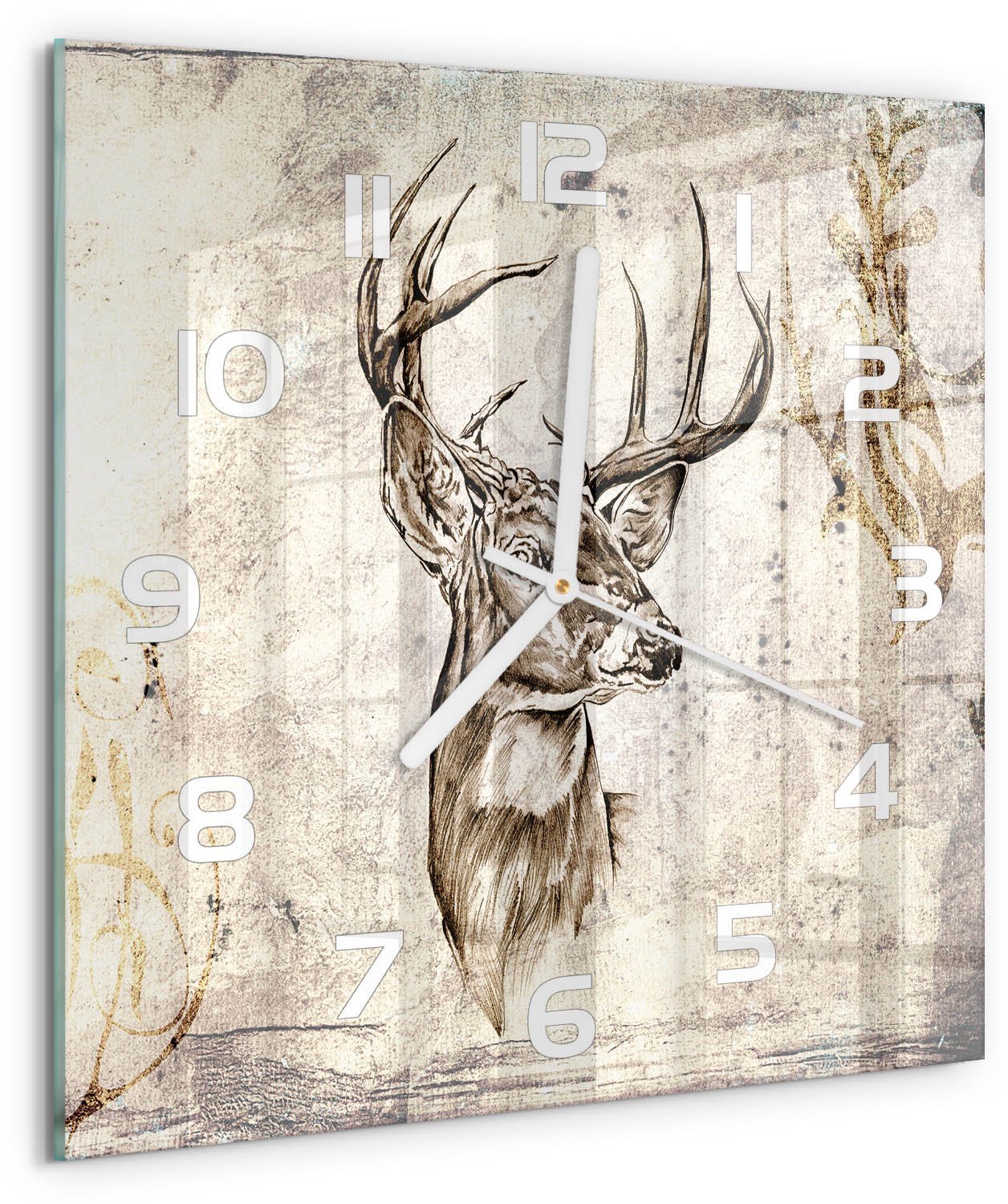 Tulup Wandklok - Hert Decoratieve Glazen Klok - 30x30 cm - Beige Glazen Wandklok Design - Witte handen - Vierkante Klok - Glazen Klok Met Print - Wandklok Glas Met Motief