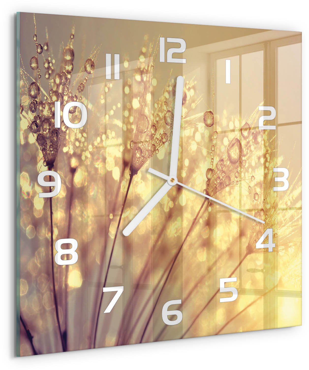 Tulup Wandklok - Paardenbloemzaden Glazen Klok Met Print - 30x30 cm - Beige Wandklok Glas Met Motief - Witte handen - Vierkante Klok - Wandklok Glas Decoratie - Gekleurde Glazen Klok