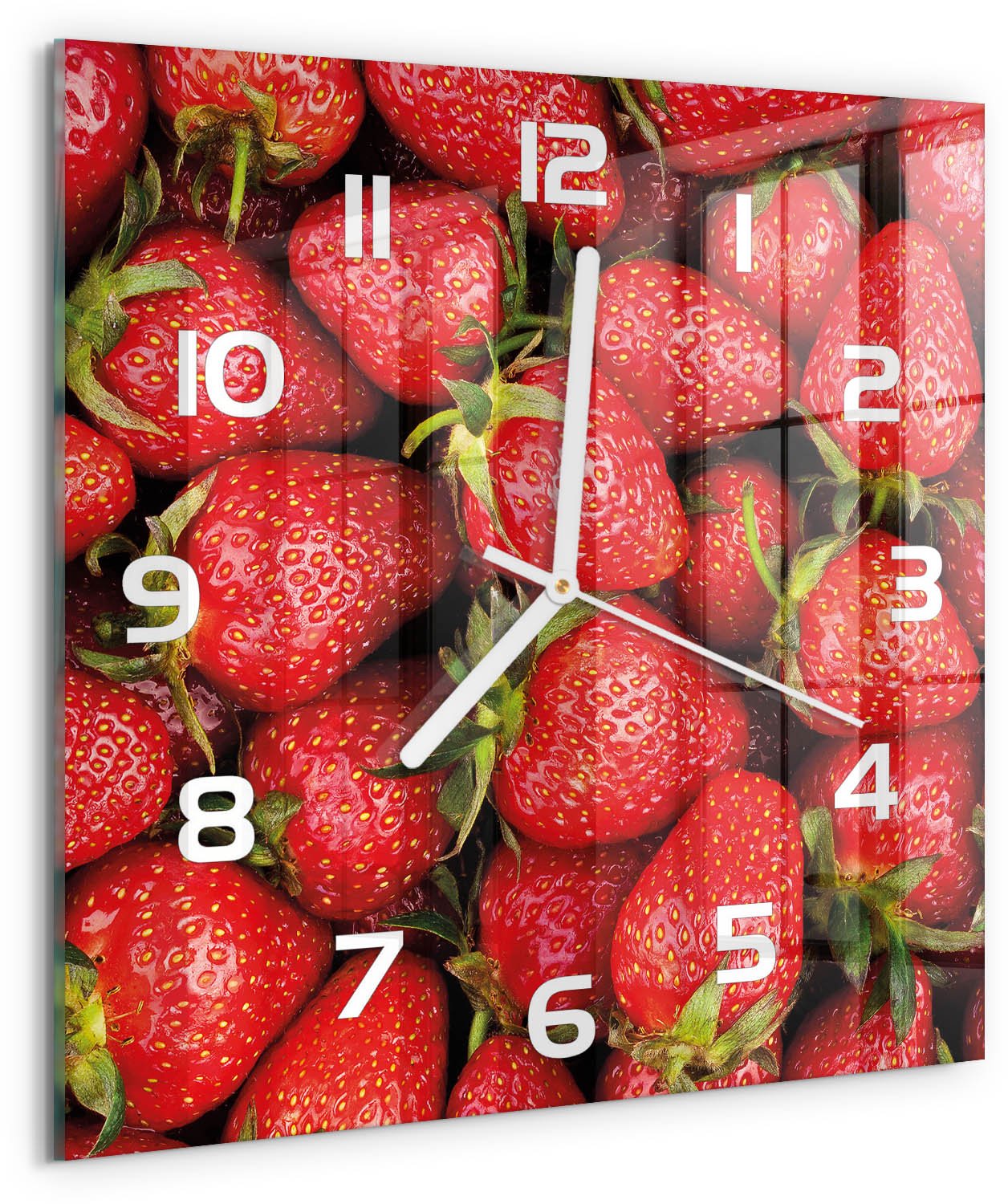Tulup Wandklok - Aardbeien Moderne Wandklok Glas - 30x30 cm - Rood Wandklok Glas Decoratie - Witte handen - Vierkante Klok - Glazen Wandklok Design - Klok Glas Met Opdruk