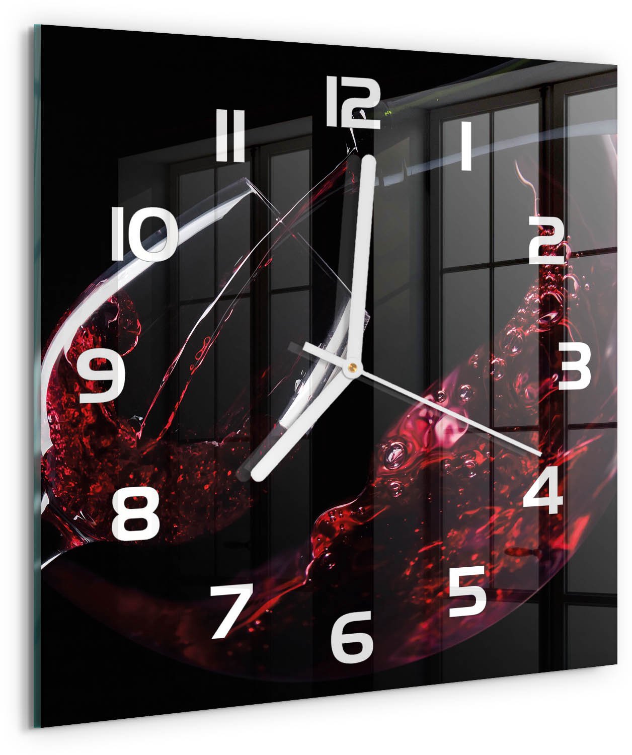 Tulup Wandklok - Rode wijn Wandklok Glas Met Motief - 30x30 cm - Rood Decoratieve Glazen Klok - Witte handen - Vierkante Klok - Gekleurde Glazen Klok - Glazen Klok Met Print