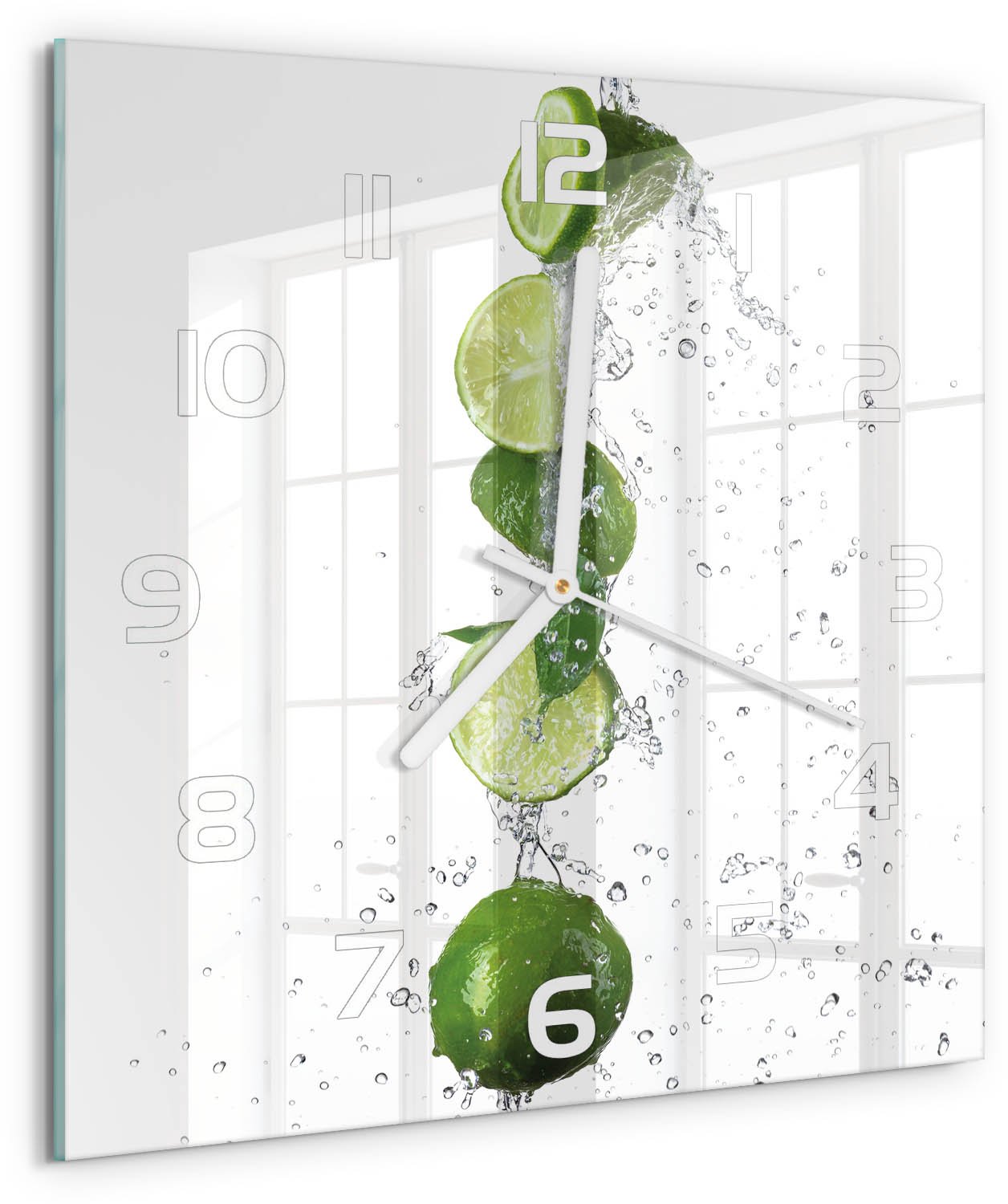 Tulup Wandklok - Kalk en water Gekleurde Glazen Klok - 30x30 cm - Groente Glazen Klok Met Print - Witte handen - Vierkante Klok - Moderne Wandklok Glas - Wandklok Glas Decoratie