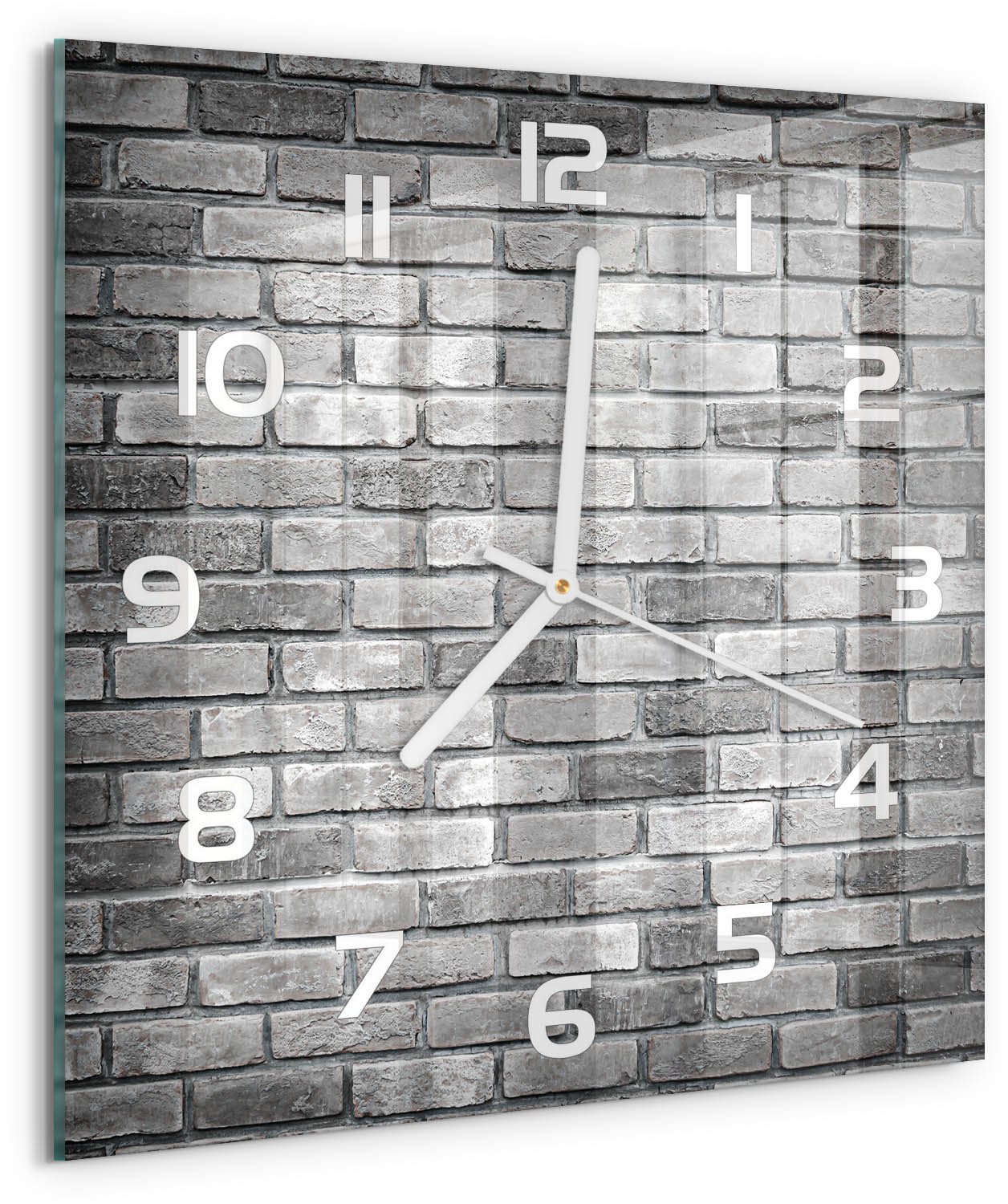 TULUP Wandklok - Bakstenen muur Glazen Wandklok Design - 30x30 cm - Grijs Klok Glas Met Opdruk - Witte handen - Vierkante Klok - Wandklok Glas Met Motief - Decoratieve Glazen Klok