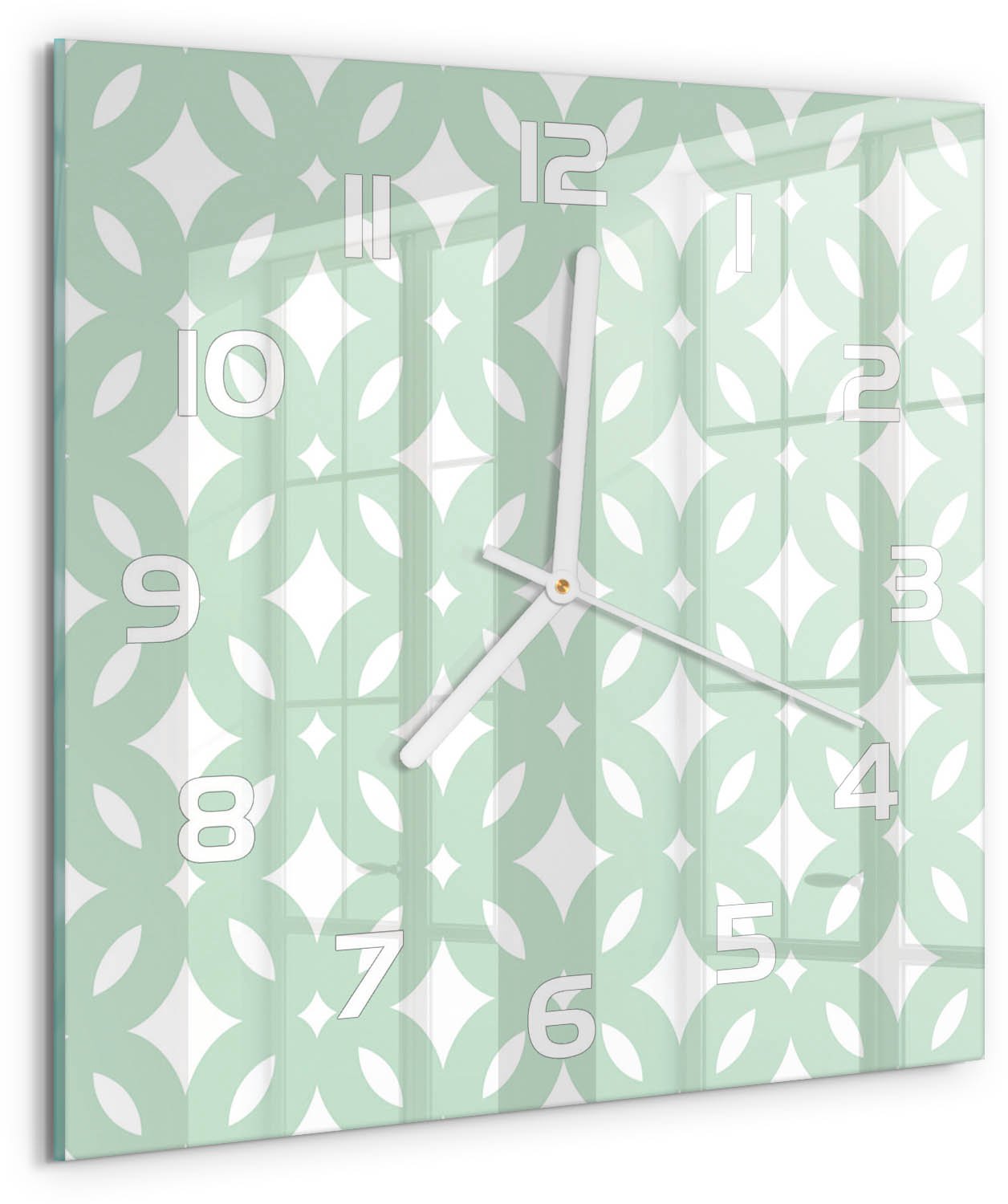 TULUP Wandklok - Geometrische achtergrond Moderne Wandklok Glas - 30x30 cm - Groente Wandklok Glas Decoratie - Witte handen - Vierkante Klok - Glazen Wandklok Design - Klok Glas Met Opdruk