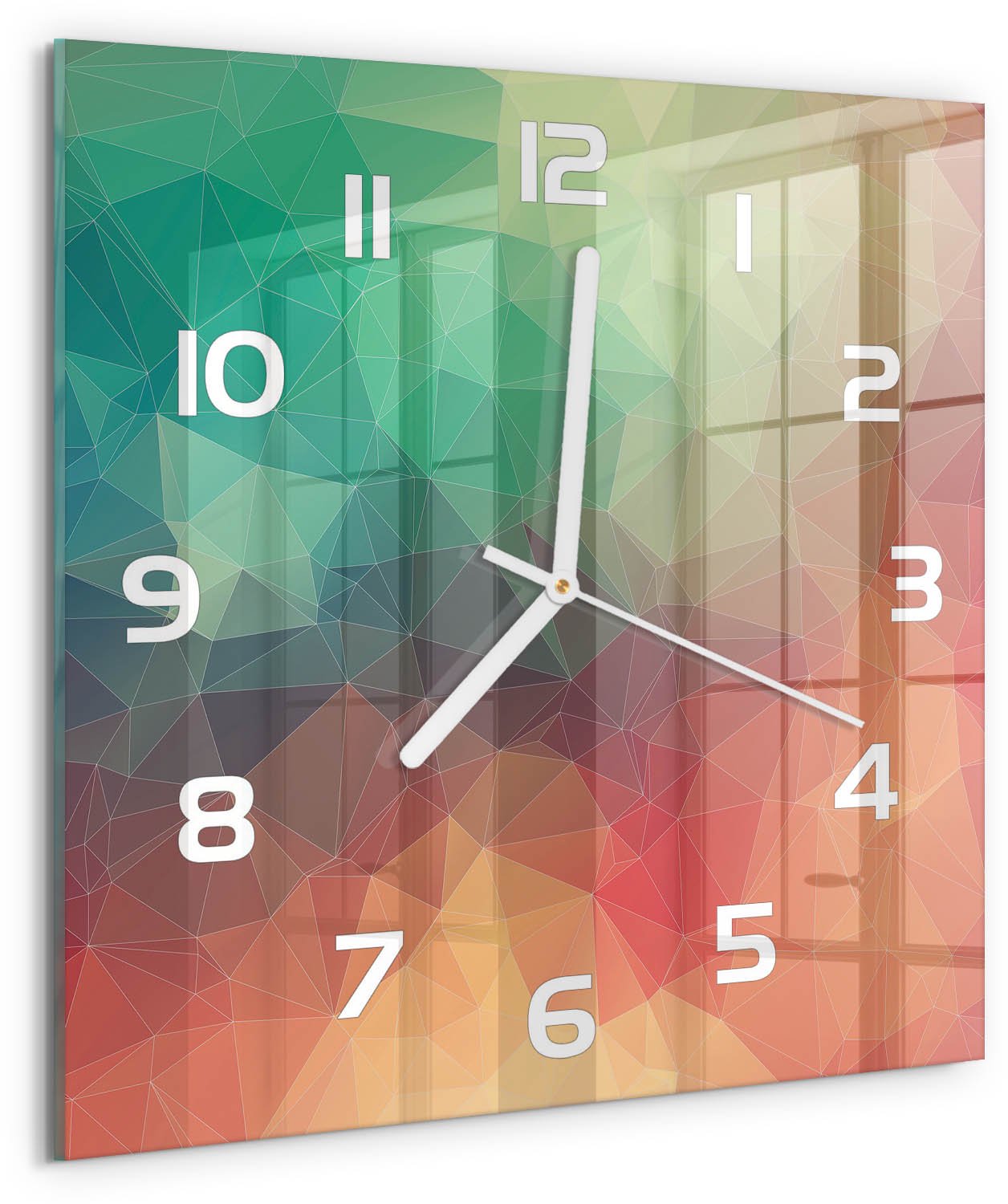 TULUP Wandklok - Geometrische achtergrond Glazen Wandklok Design - 30x30 cm - Veelkleurig Klok Glas Met Opdruk - Witte handen - Vierkante Klok - Wandklok Glas Met Motief - Decoratieve Glazen Klok