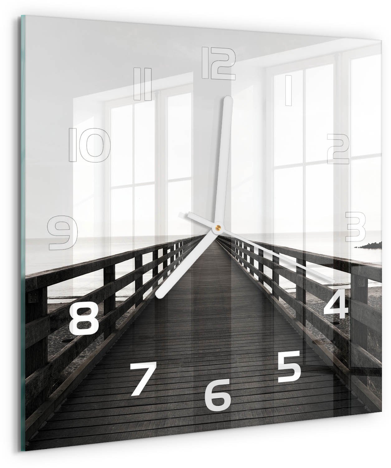TULUP Wandklok - Houten brug Gekleurde Glazen Klok - 30x30 cm - Zwart-wit Glazen Klok Met Print - Witte handen - Vierkante Klok - Moderne Wandklok Glas - Wandklok Glas Decoratie