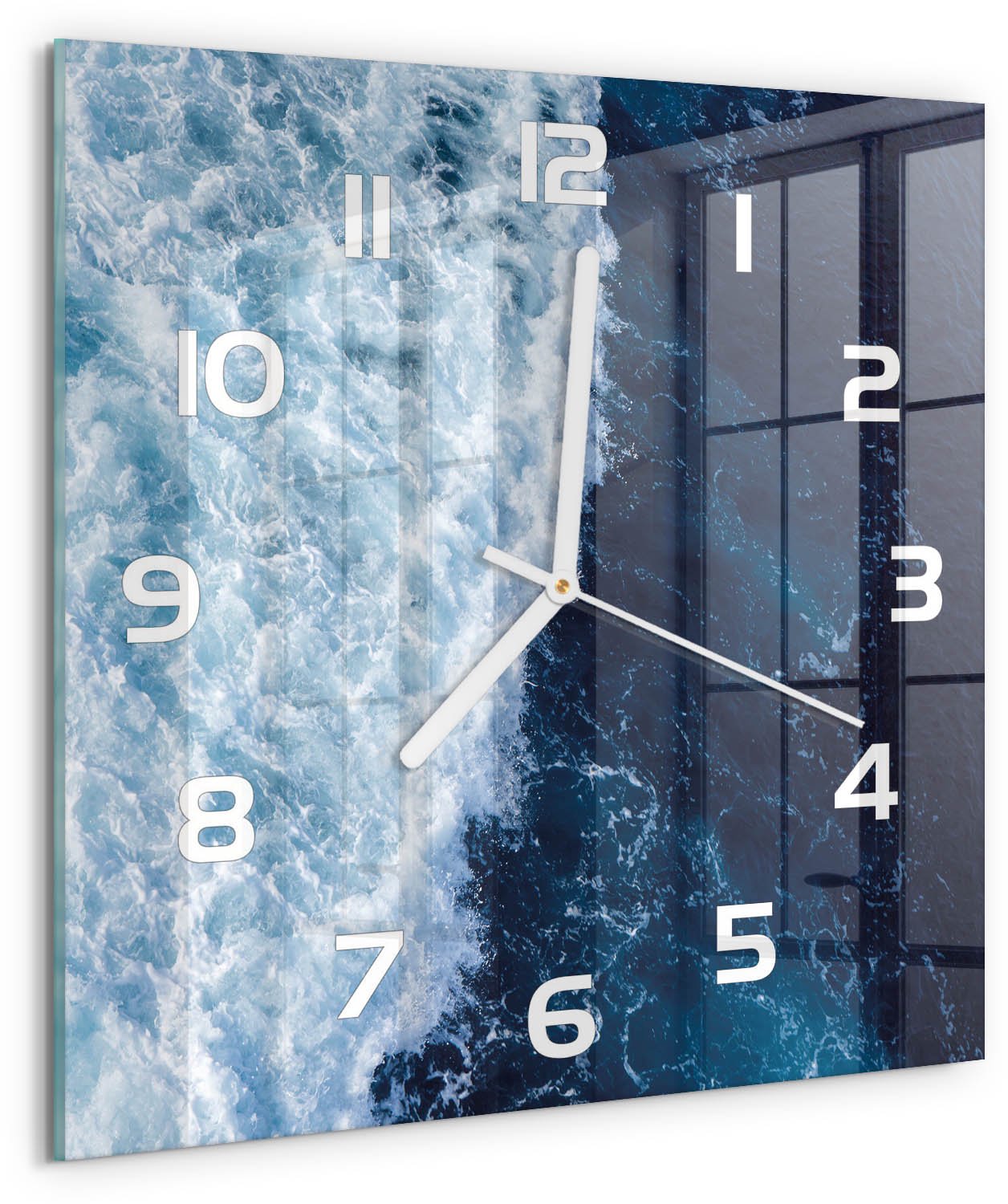 Tulup Wandklok - Oceaangolven Moderne Wandklok Glas - 30x30 cm - Blauw Wandklok Glas Decoratie - Witte handen - Vierkante Klok - Glazen Wandklok Design - Klok Glas Met Opdruk